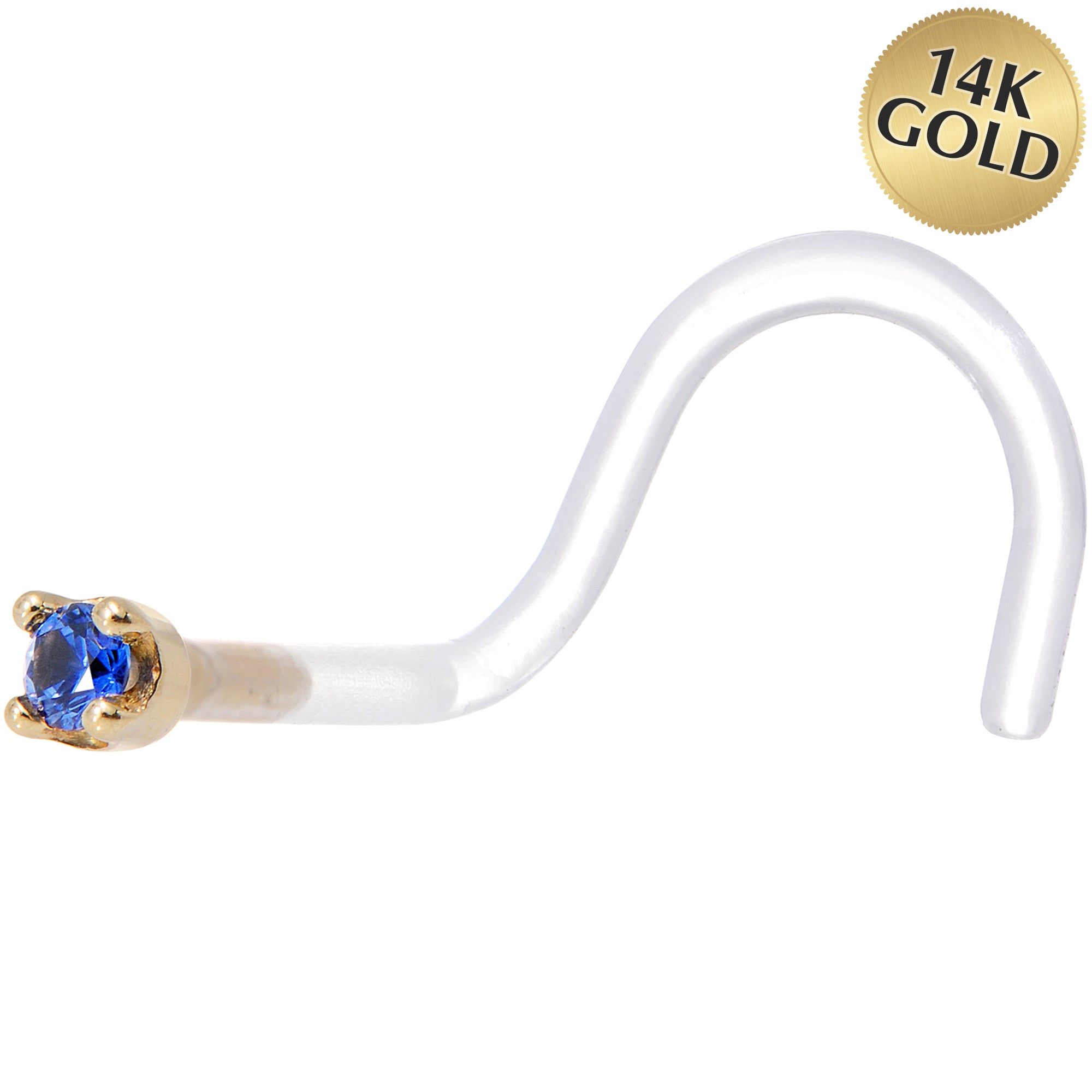 18G 1/4 Yellow Gold 1.5mm Genuine Blue Sapphire Bioplast Nose Ring