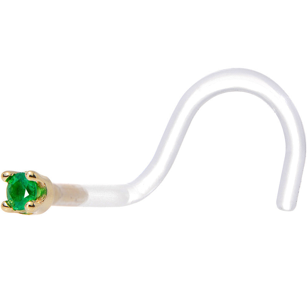 18G 1/4 Yellow Gold 1.5mm Genuine Emerald Bioplast Nose Ring
