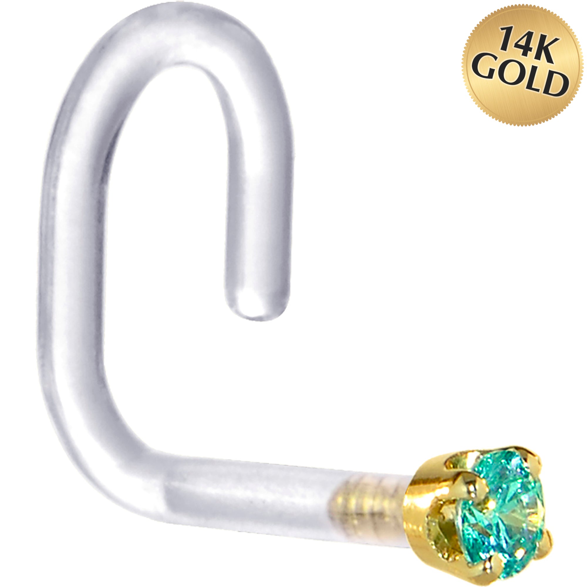 18G 1/4 Yellow Gold 1.5mm Mint Green Cubic Zirconia Bioplast Nose Ring