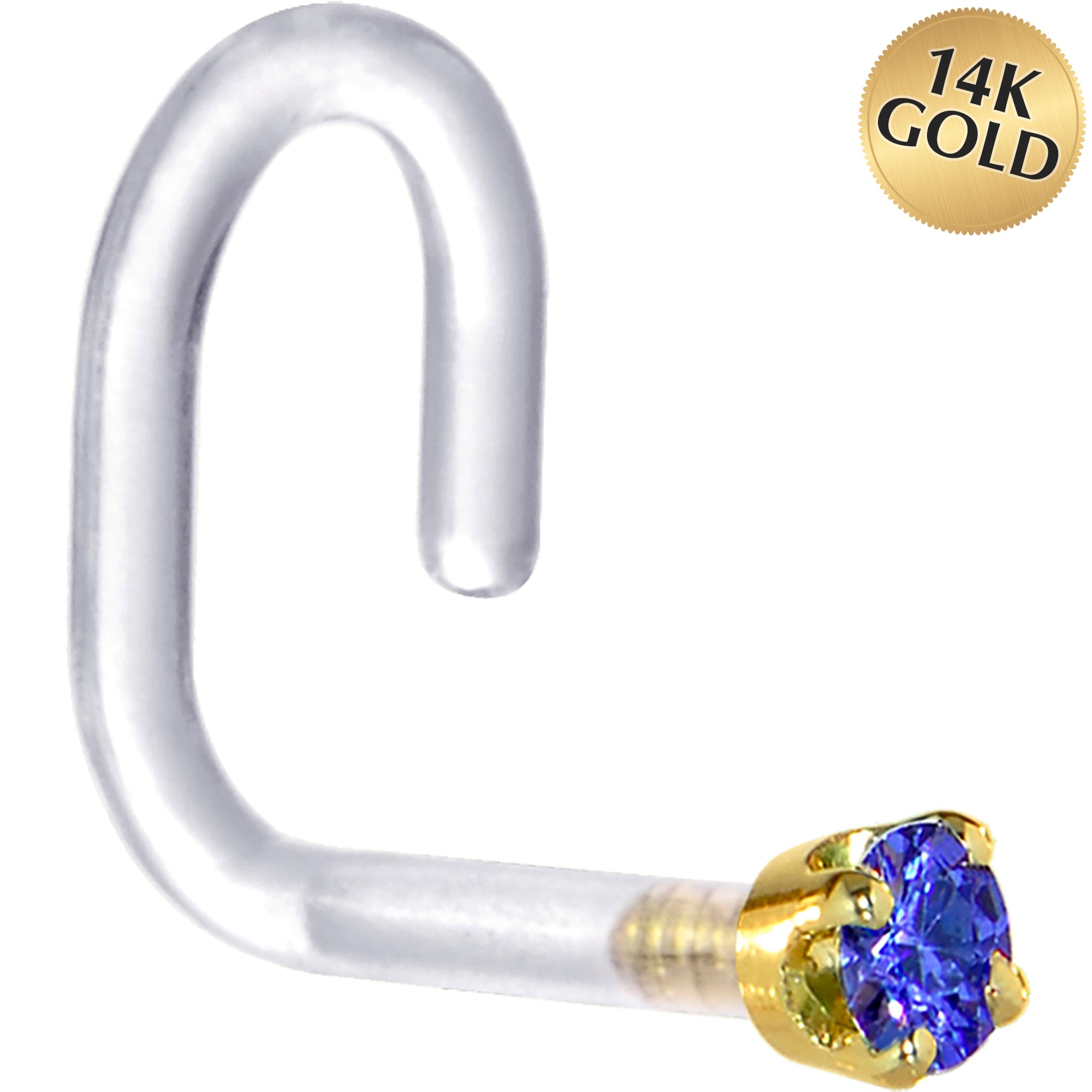18G 1/4 Yellow Gold 1.5mm Blue Cubic Zirconia Bioplast Nose Ring