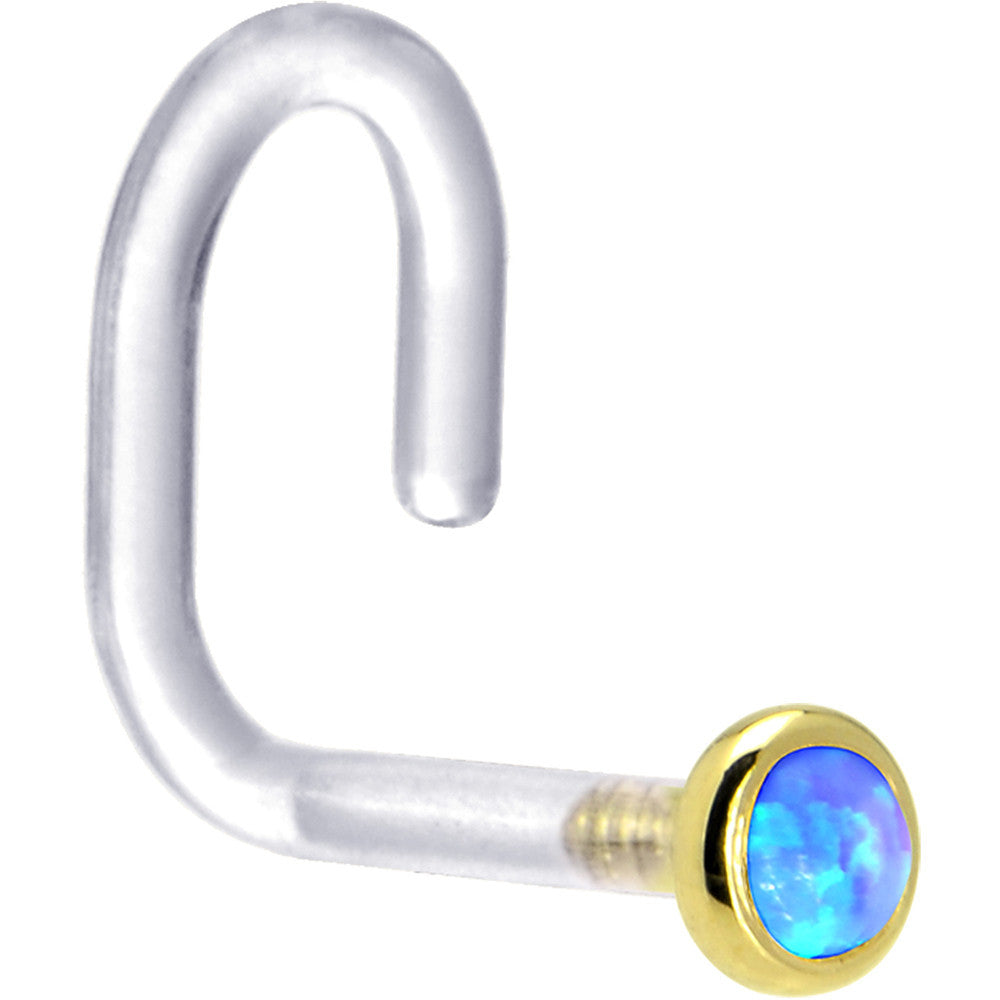 18G 1/4 Yellow Gold 2mm Blue Synthetic Opal Bioplast Nose Ring