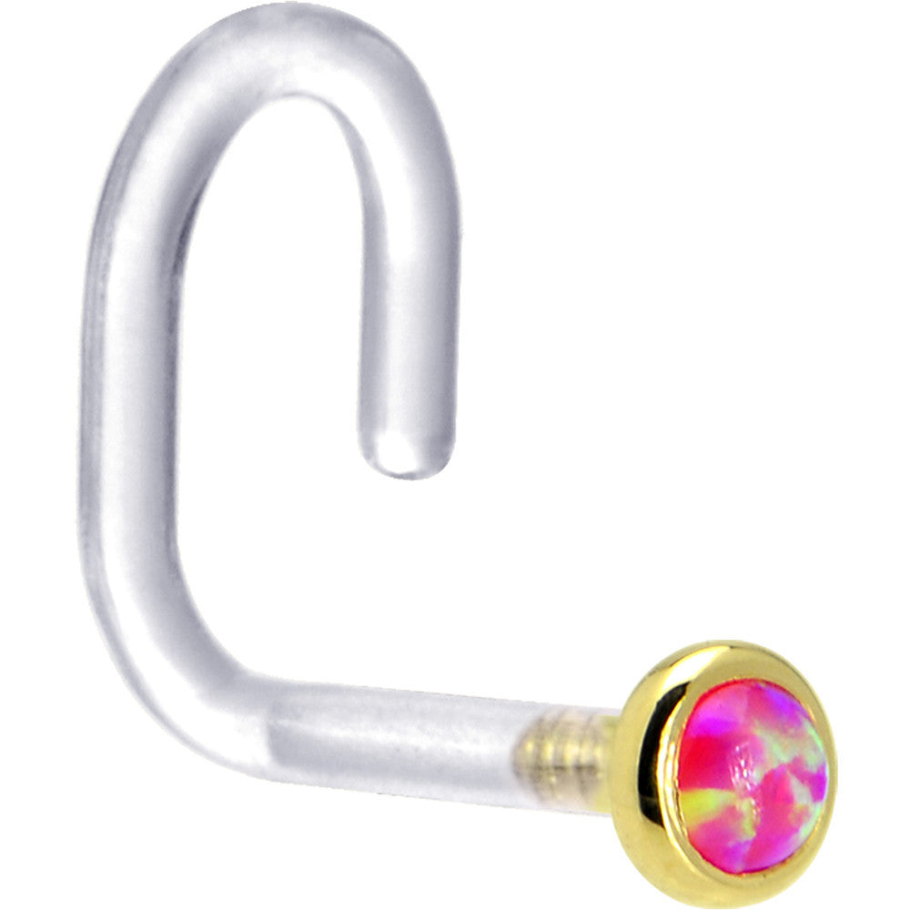18G 1/4 Yellow Gold 2mm Brilliant Pink Synthetic Opal Bioplast Nose Ring