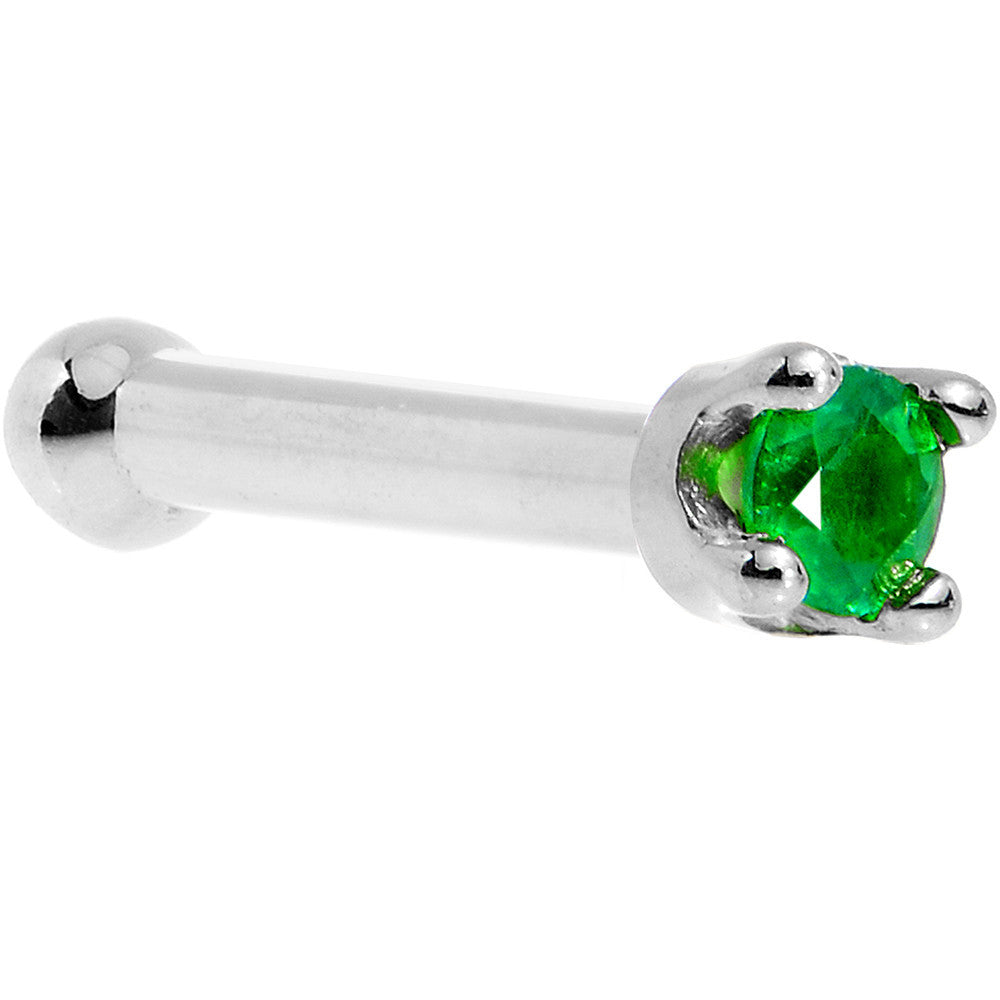 18KT White Gold May Genuine Emerald L Shape Nose Ring 20 Gauge