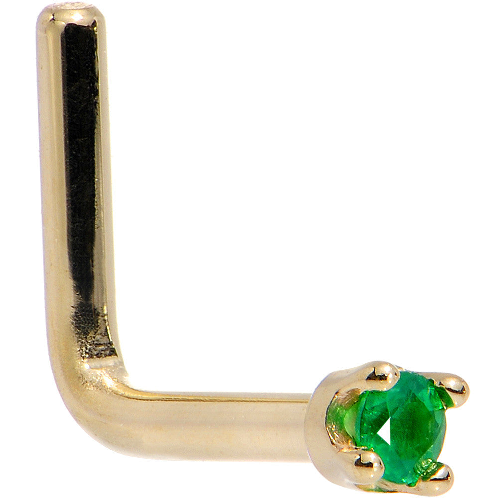 Solid 18KT Yellow Gold May 1.5mm Genuine Emerald Nose Ring L-Shape