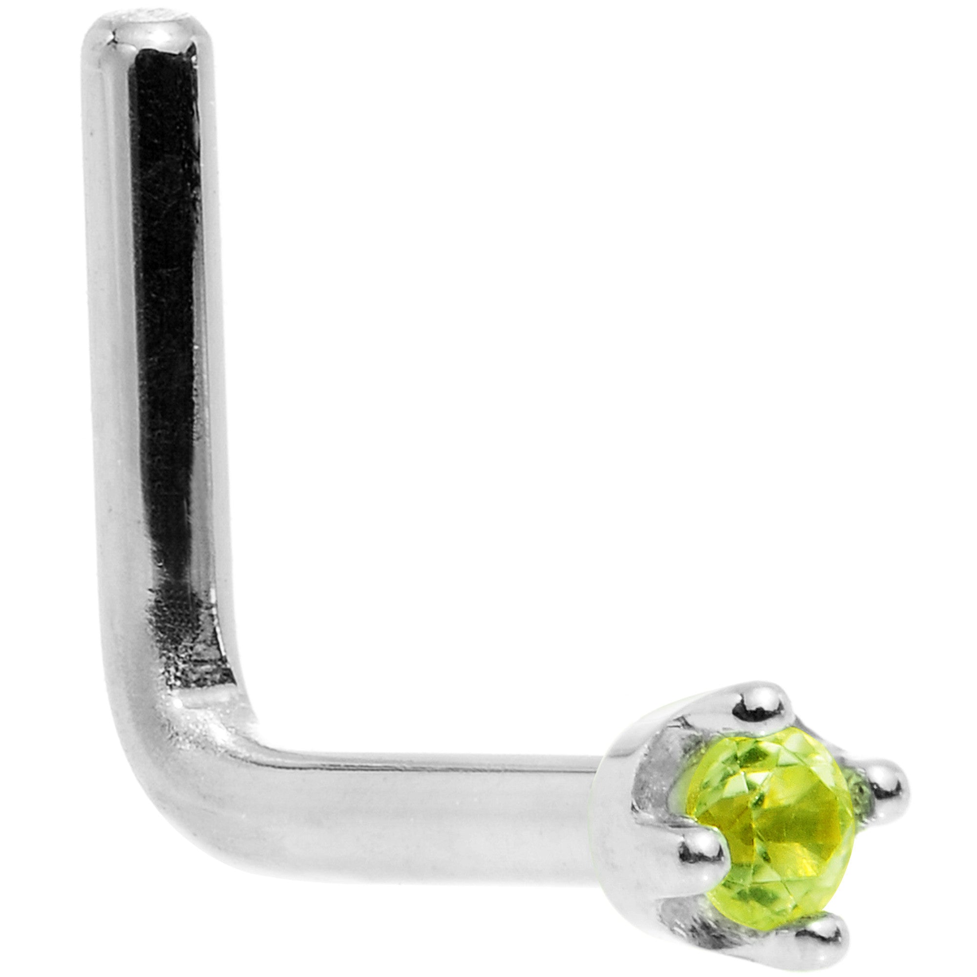 Solid 14KT White Gold Peridot Nose Ring 1.5mm August L Shape 18 Gauge