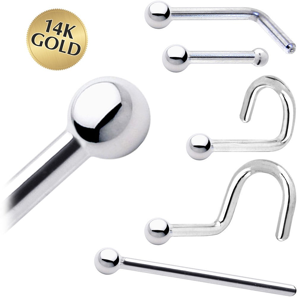 Solid 14KT White Gold 1.5mm Ball Nose Ring 18 Gauge