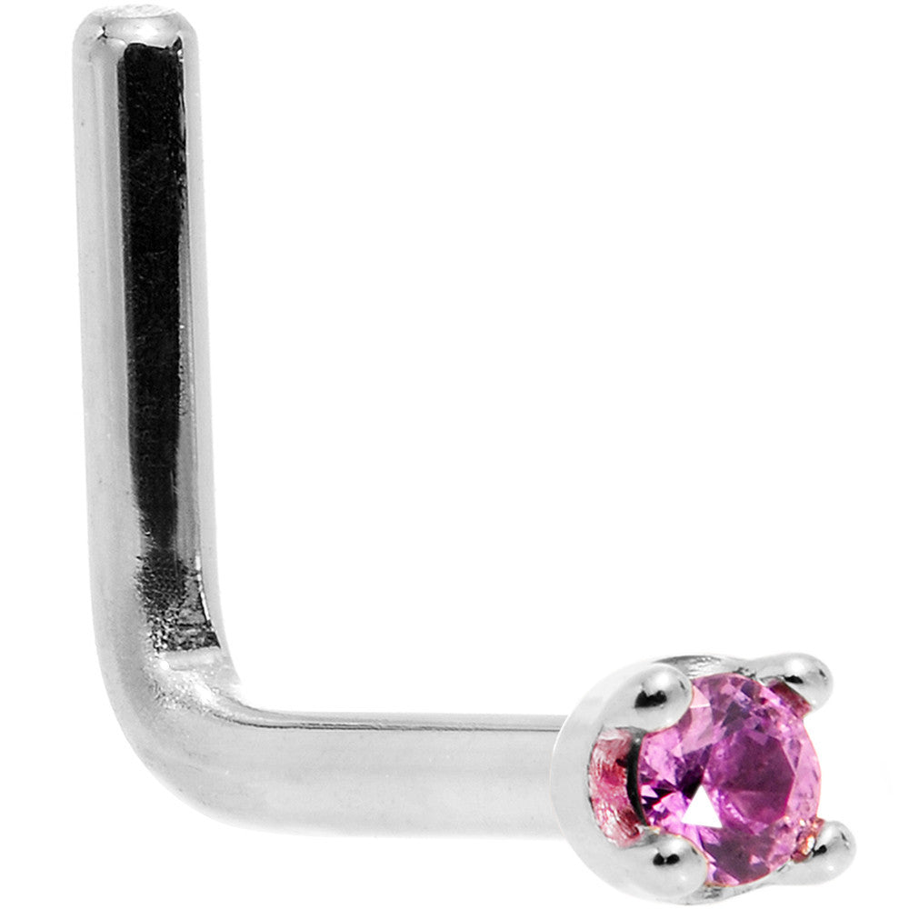 1.5mm Genuine Pink Sapphire Nose Ring Solid 14KT White Gold L-Shape 20 Gauge
