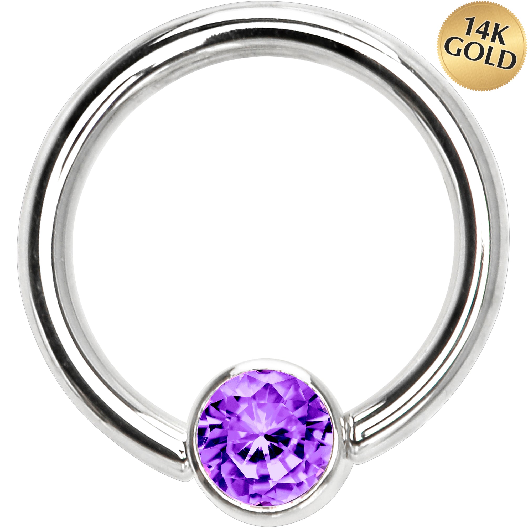 14G 3/8 Solid 14K White Gold Purple CZ Gem Captive Ring
