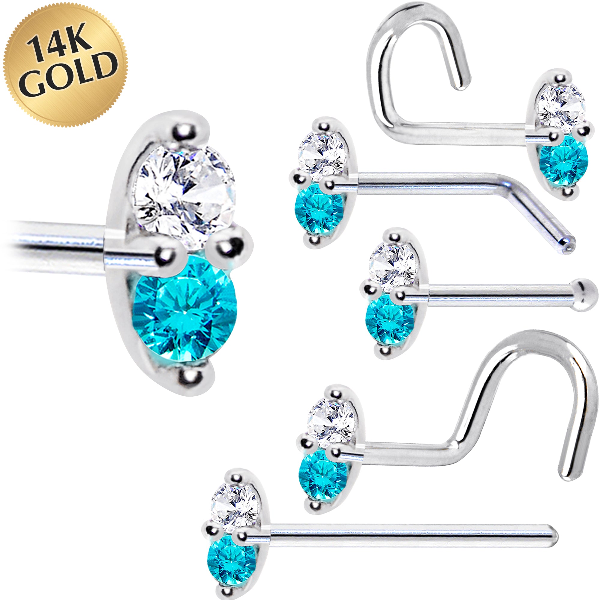 14kt White Gold Mint Green CZ Marquise Nose Ring 18 Gauge