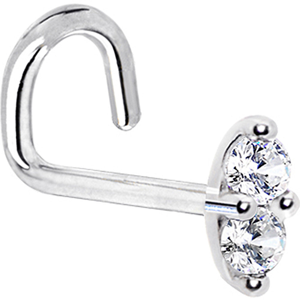White Gold Marquise Nose Ring with Clear CZ in Nose Bone and L-Shape