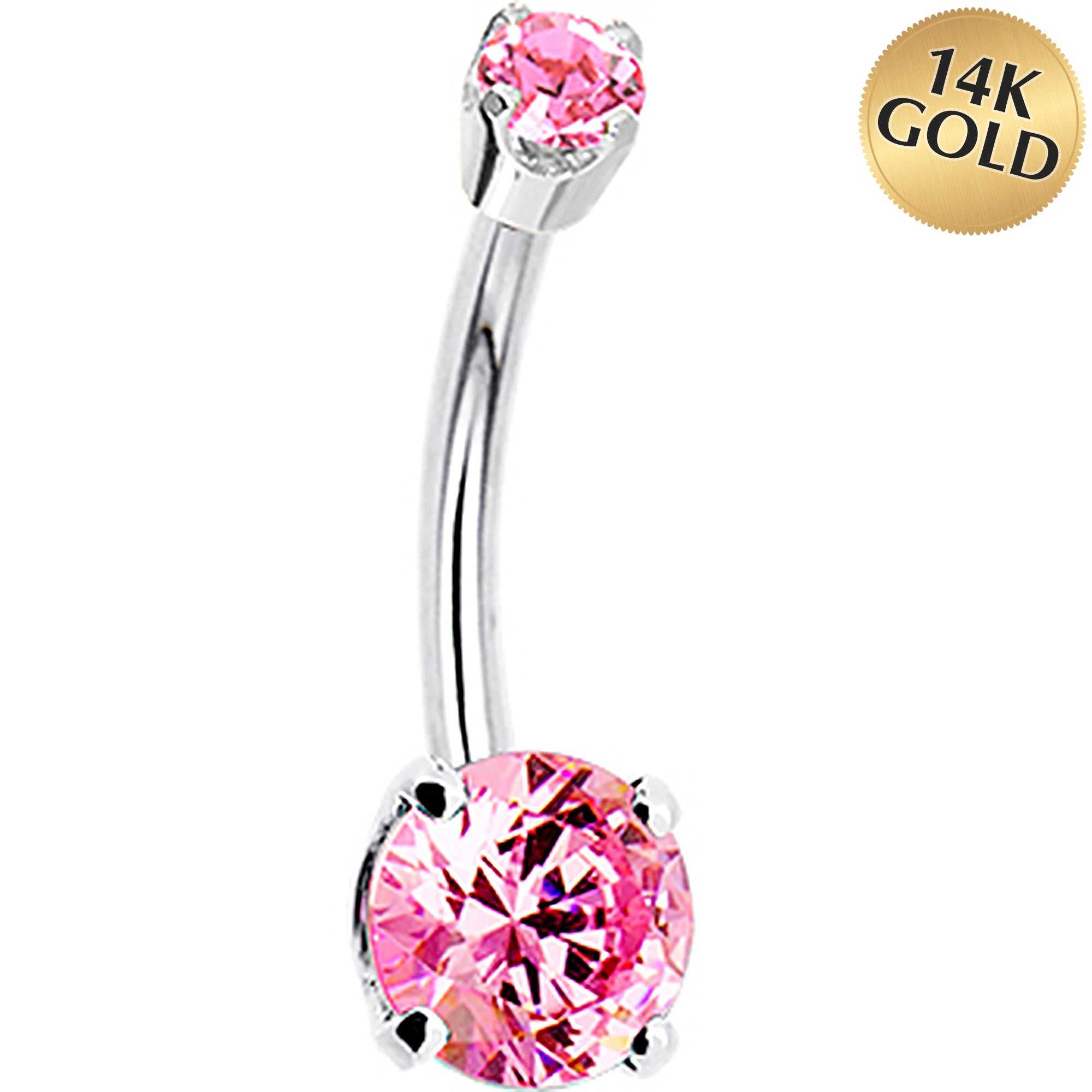14k White Gold Pink Cubic Zirconia Round Belly Ring