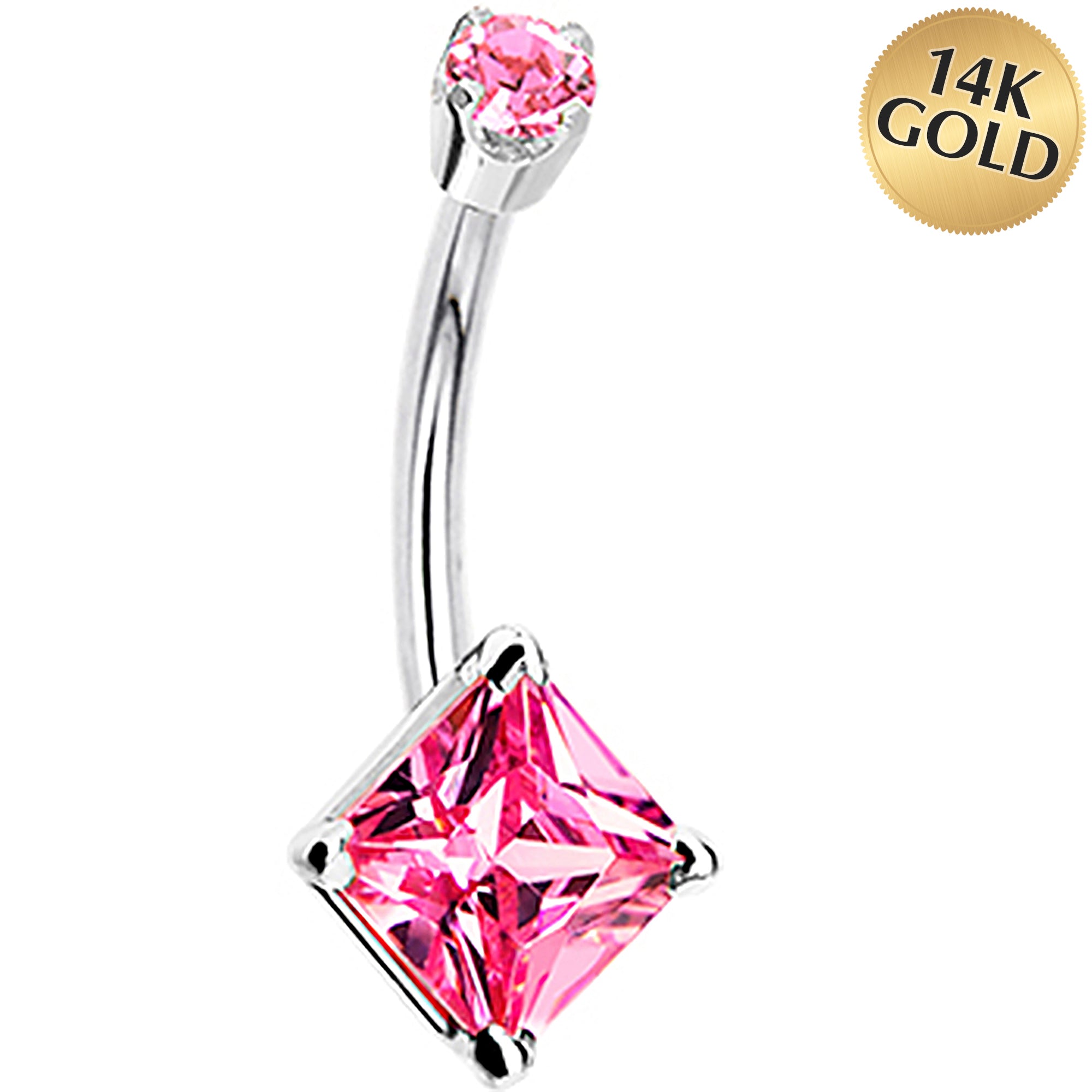 14k White Gold Pink Cubic Zirconia Princess Belly Ring