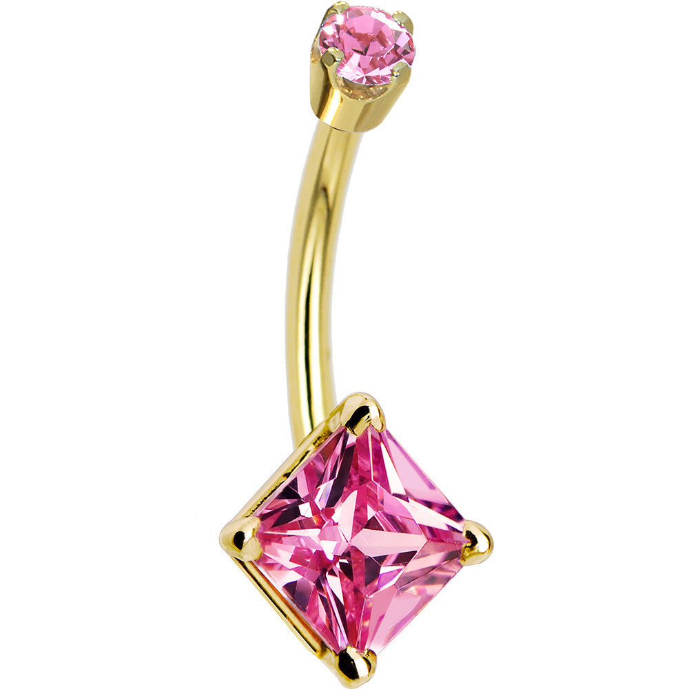 14k Yellow Gold Pink Cubic Zirconia Princess Belly Ring
