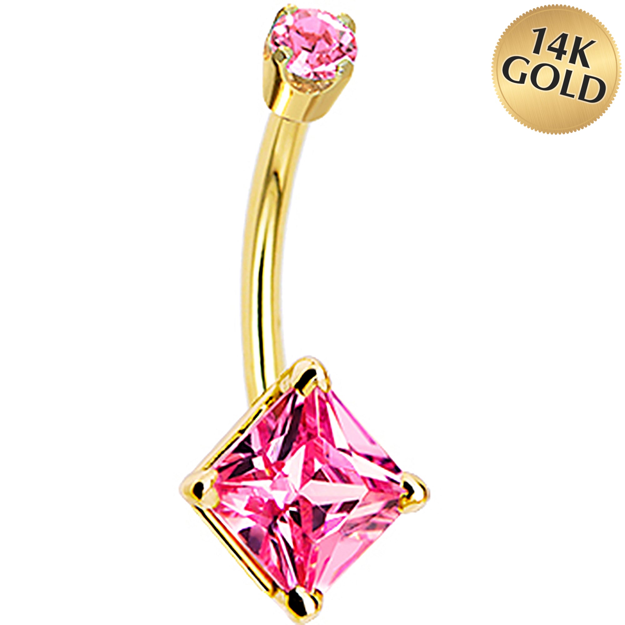 14k Yellow Gold Pink Cubic Zirconia Princess Belly Ring