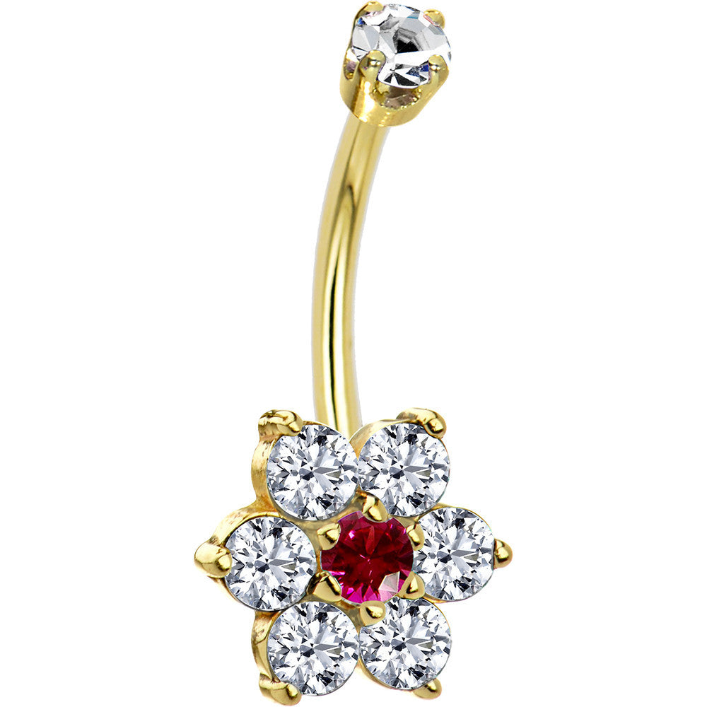 14k Yellow Gold Clear Red CZ Flower Belly Ring