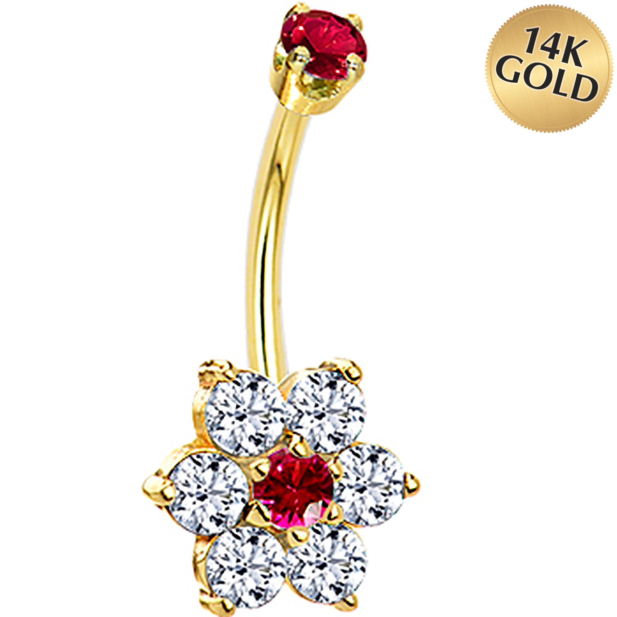 14k Yellow Gold Clear Red CZ Flower Belly Ring