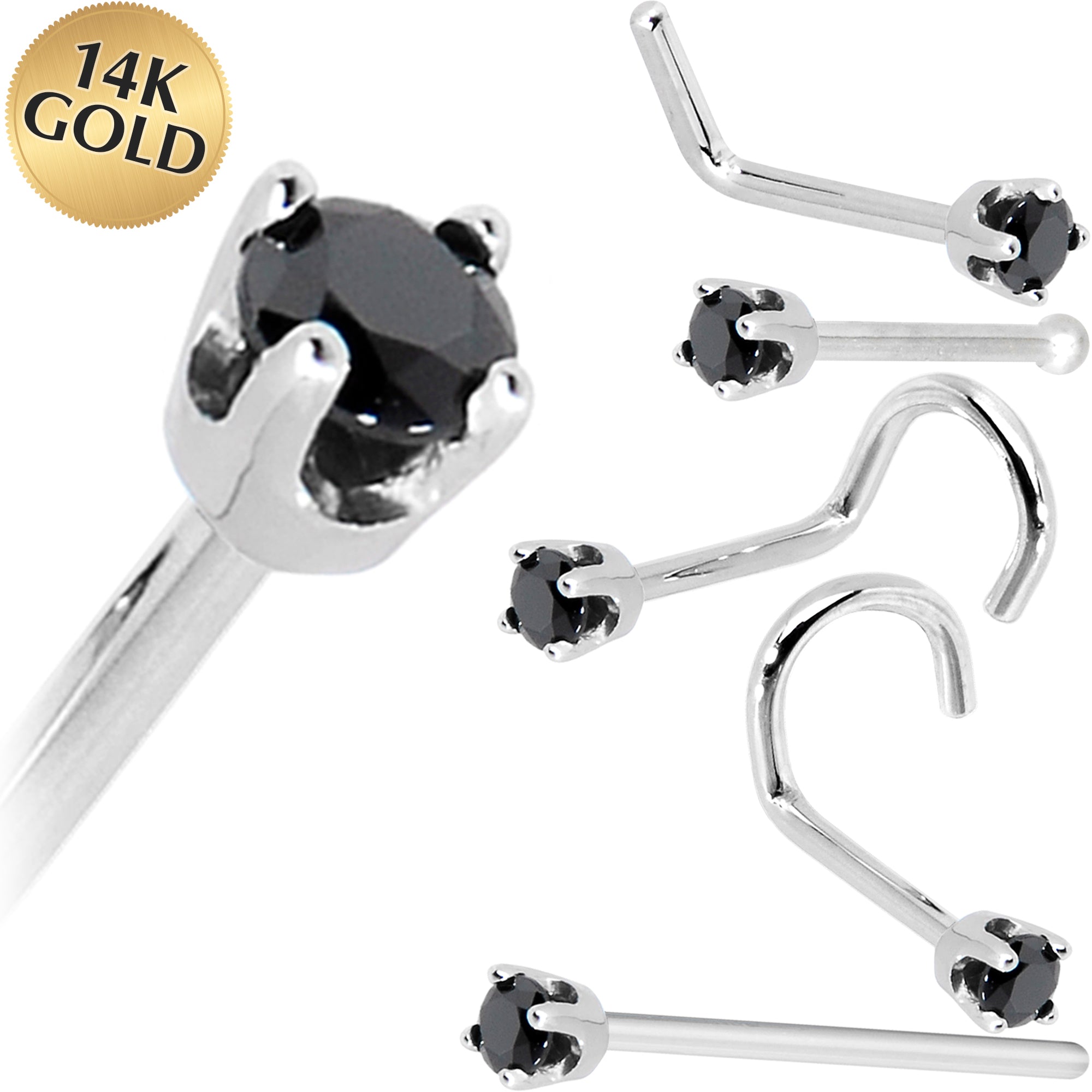 Solid 14KT White Gold Nose Ring with Black Cubic Zirconia 2mm