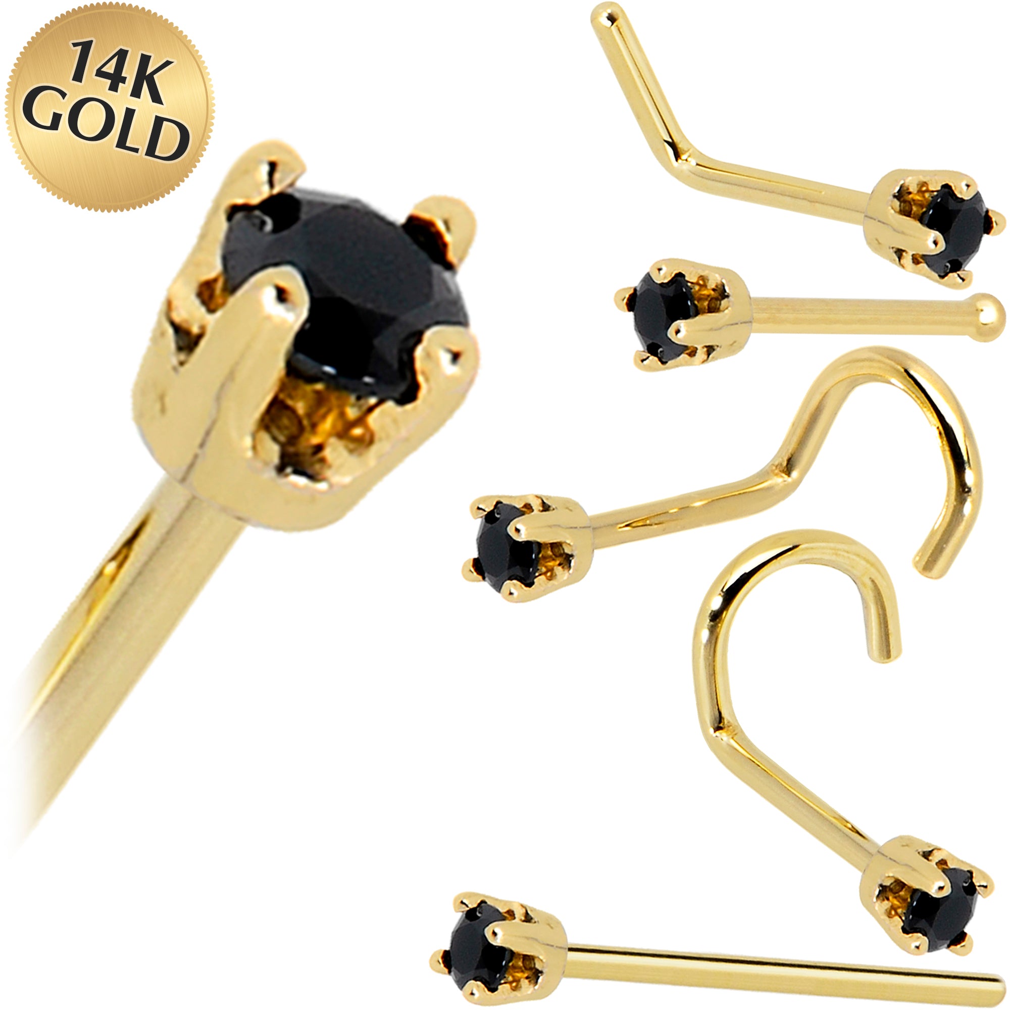 14KT Yellow Gold 2mm Black CZ Nose Ring Nose Bone