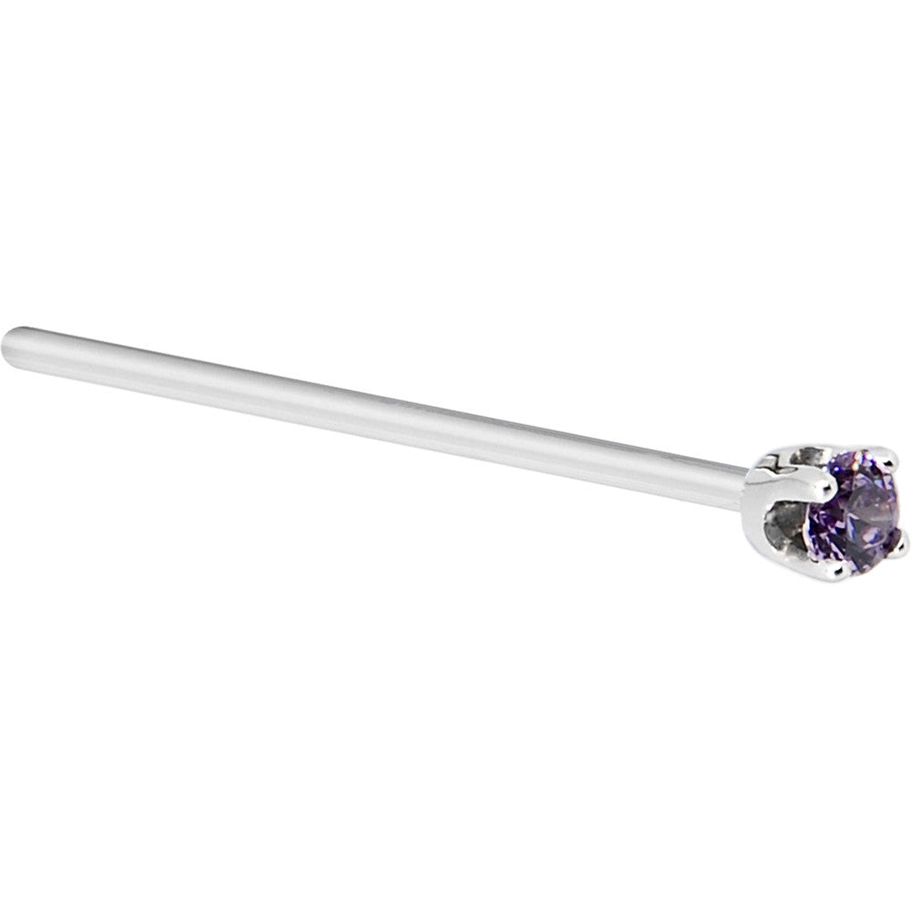 Solid 14KT White Gold 2mm Amethyst Cubic Zirconia Nose Ring
