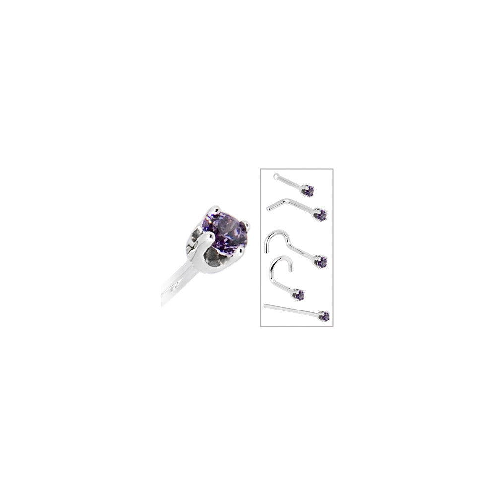 Solid 14KT White Gold 2mm Amethyst Cubic Zirconia Nose Ring