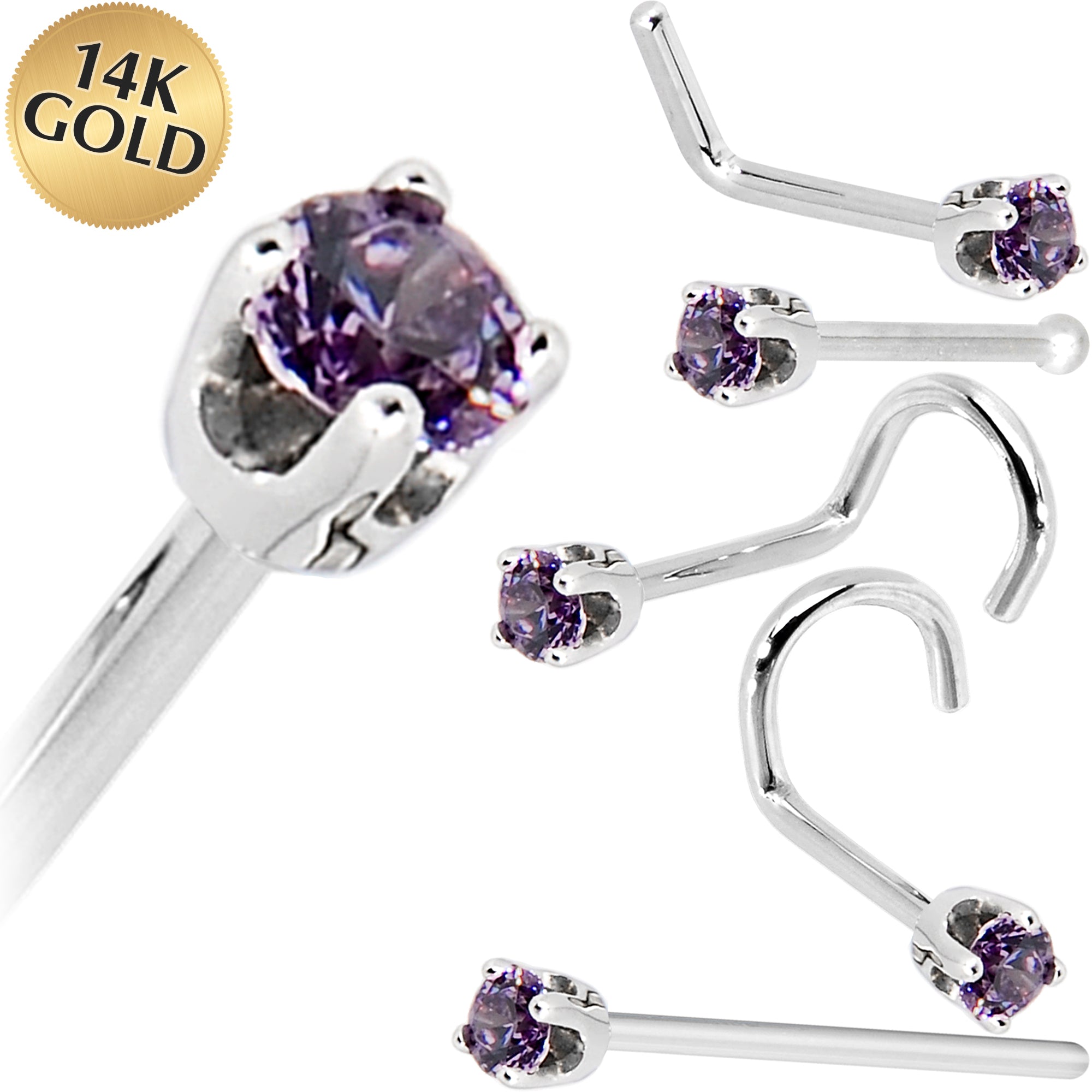14KT White Gold Amethyst Cubic Zirconia Nose Ring 2mm