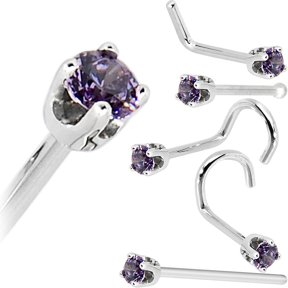 Solid 14K White Gold 2mm Amethyst Cubic Zirconia Nose Ring