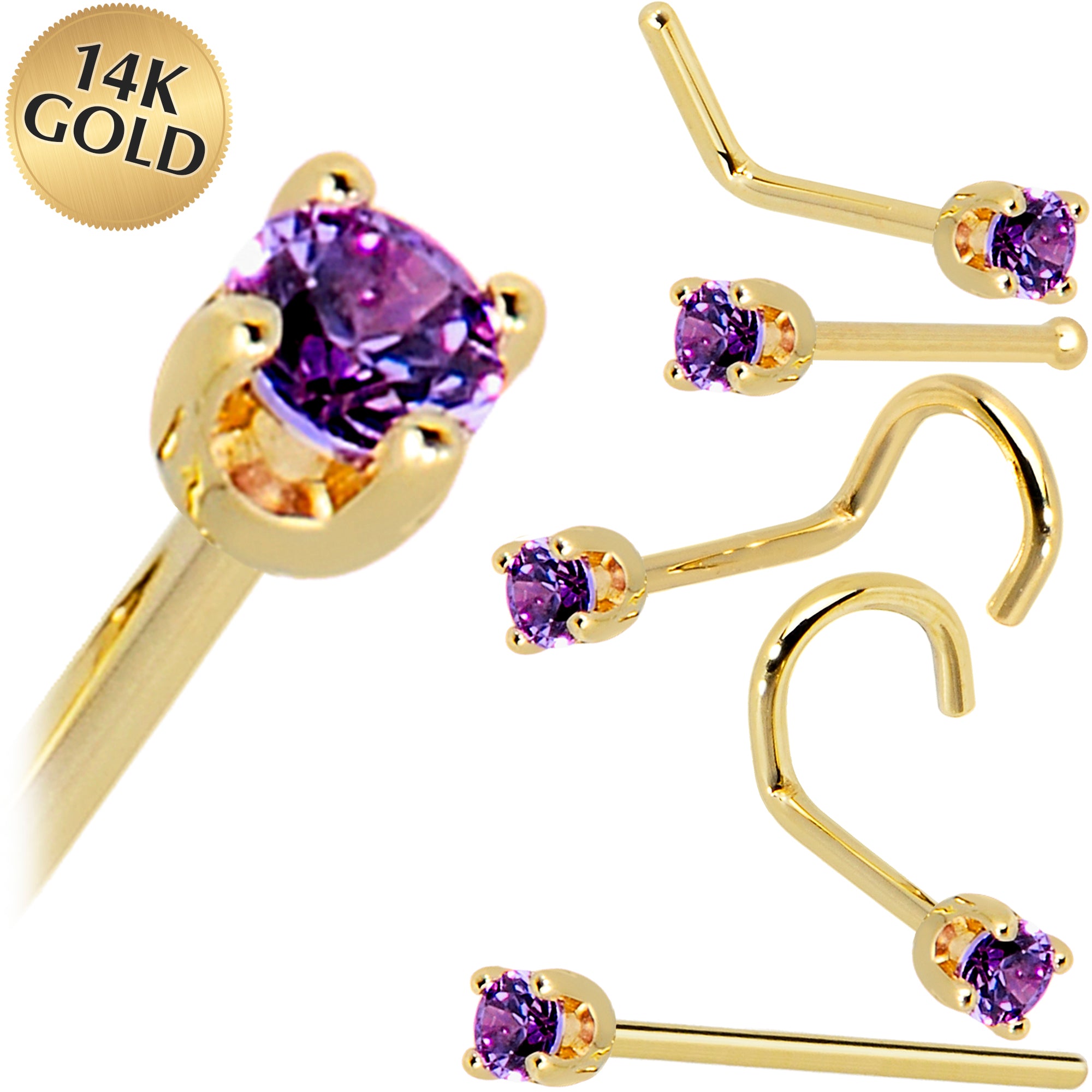 Solid 14KT Yellow Gold Amethyst CZ Nose Ring 2mm