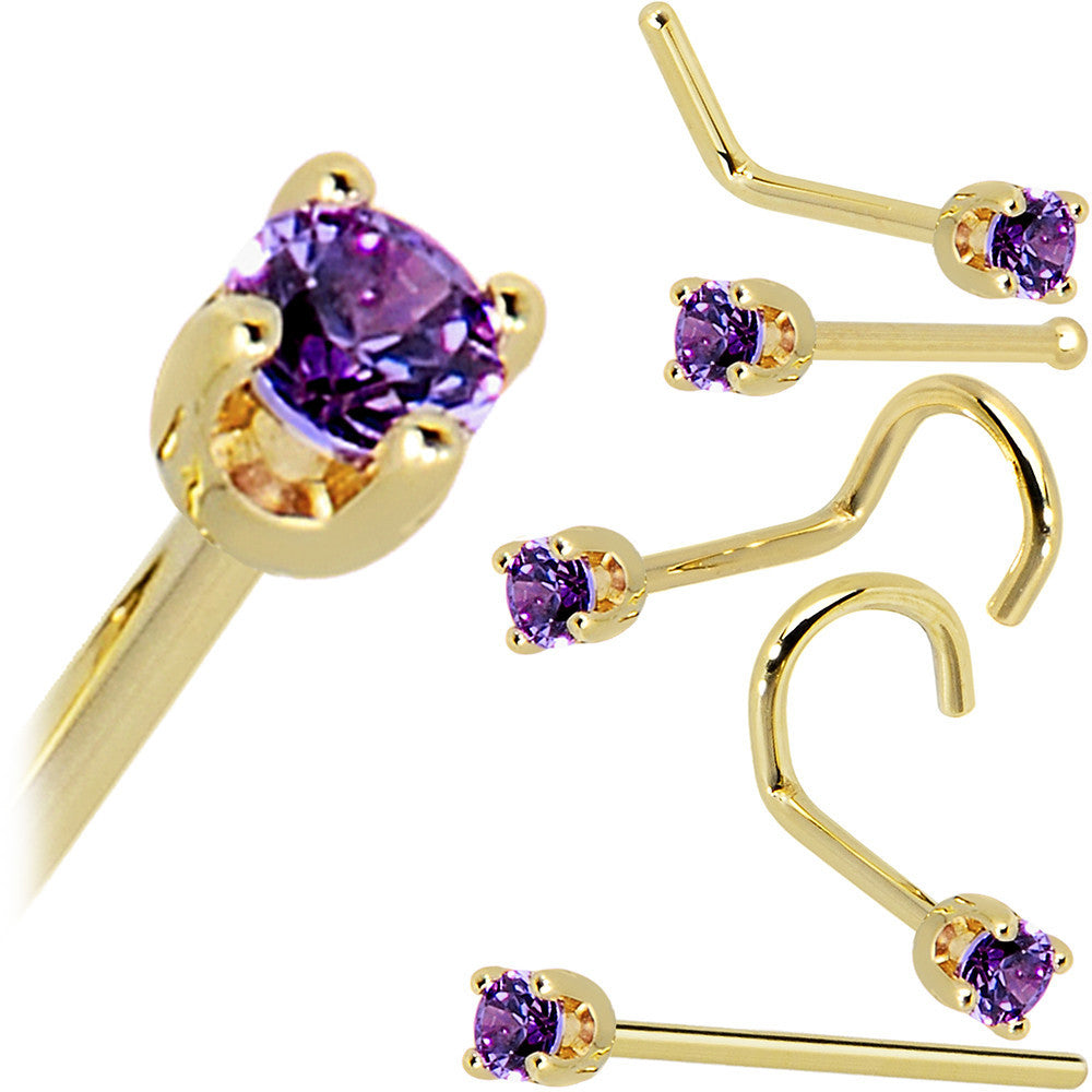 Solid 14K Yellow Gold 2mm Amethyst Cubic Zirconia Nose Ring