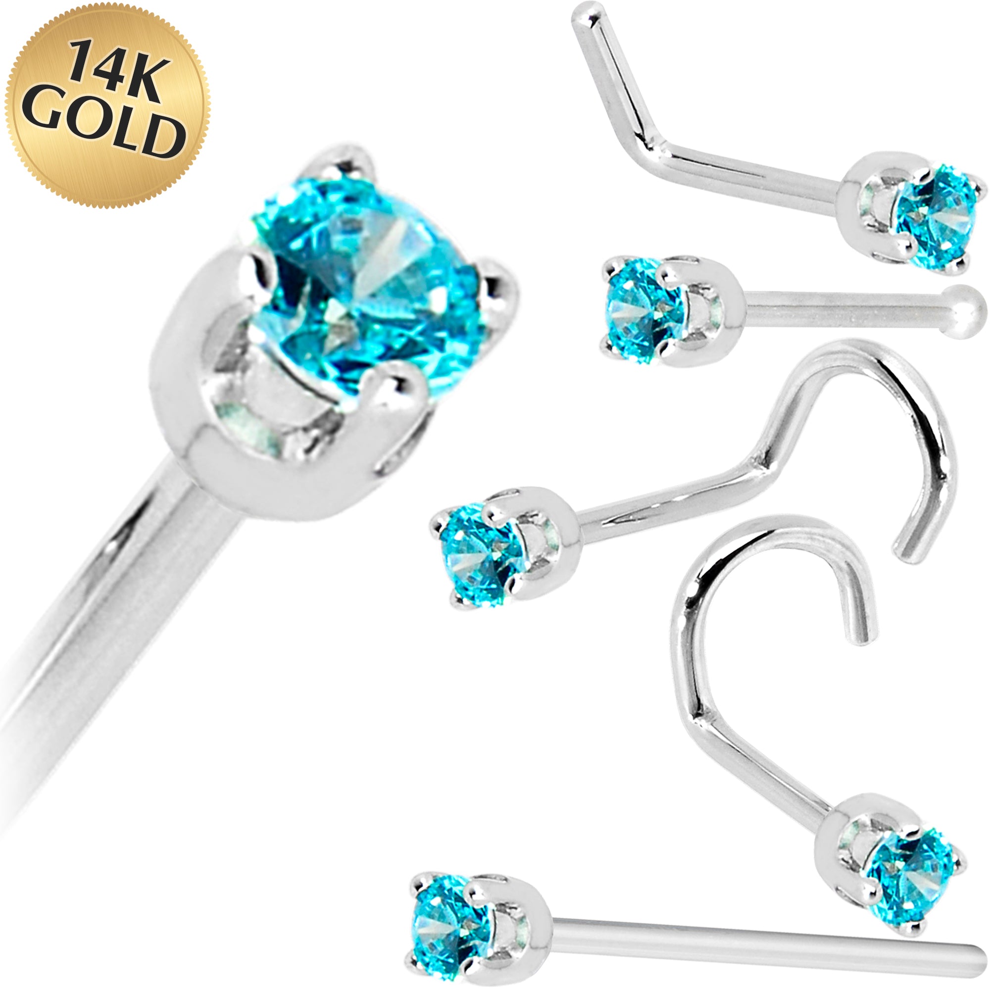 Solid 14KT White Gold Mint Green Cubic Zirconia Nose Ring 2mm