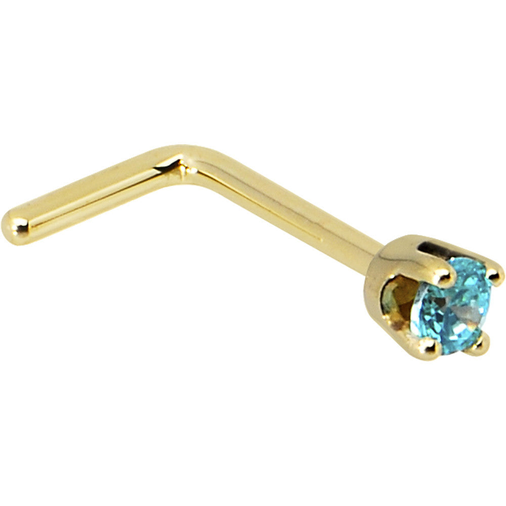 Solid 14KT yellow gold L-shape nose ring with mint green CZ