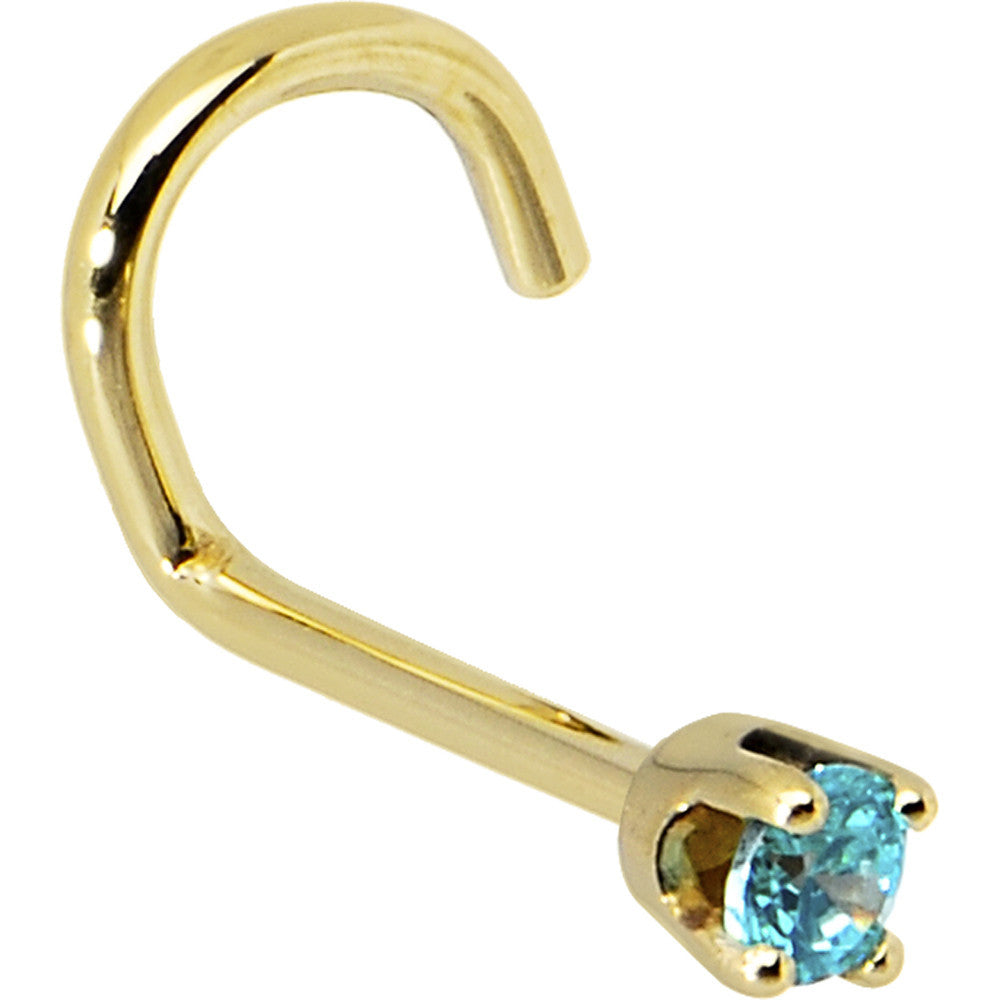 14KT yellow gold nose screw ring with 2mm mint green cubic zirconia