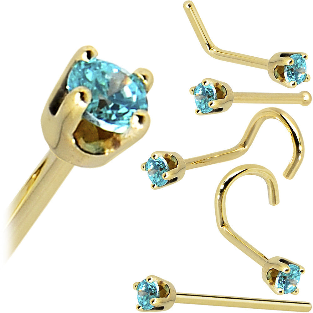 Solid 14K Yellow Gold 2mm Mint Green Cubic Zirconia Nose Ring