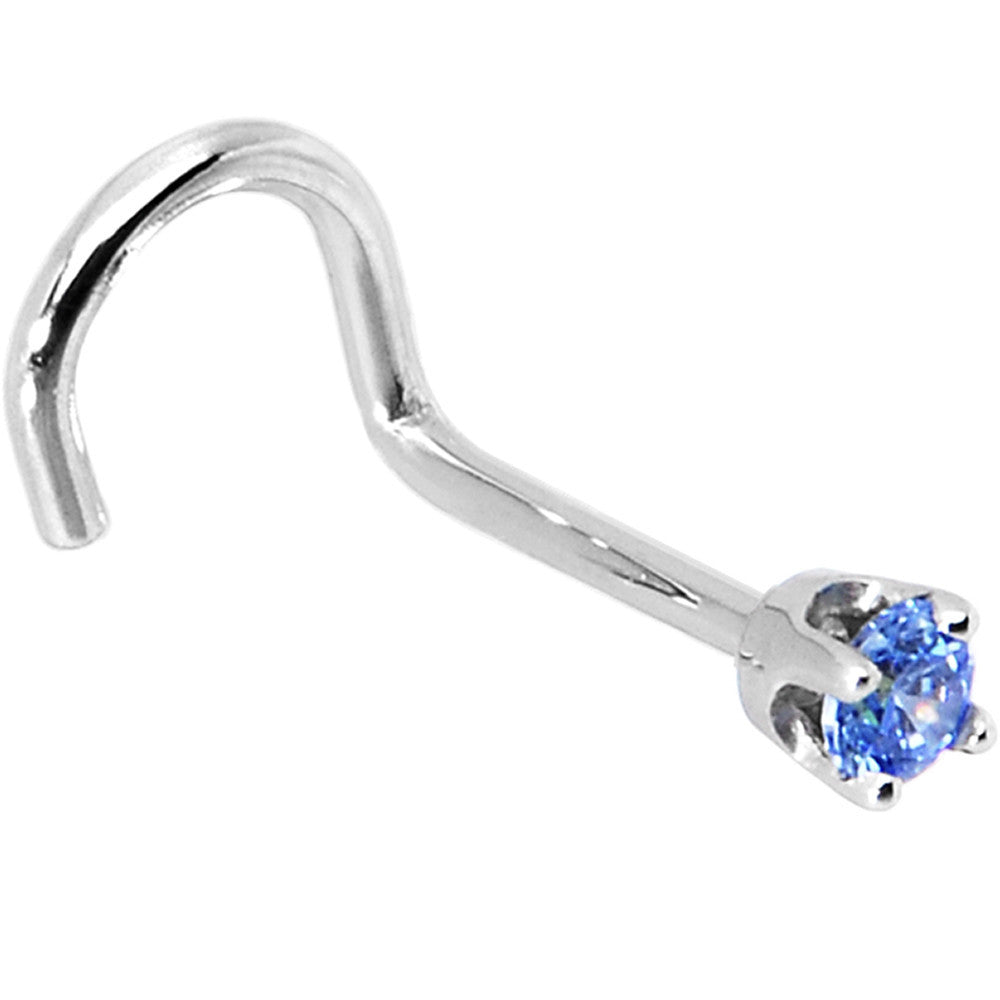 14KT White Gold Arctic Blue CZ nose ring fishtail style 20 gauge