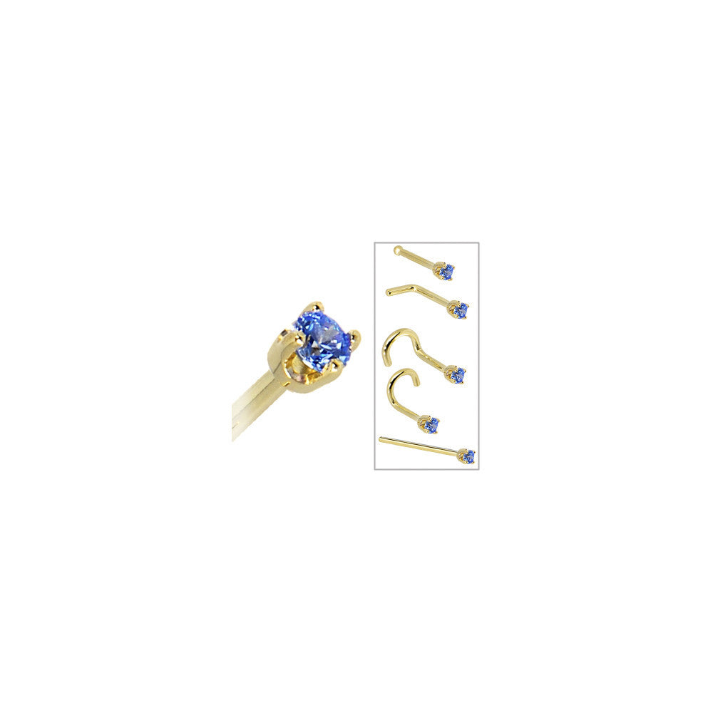 Nose Screw with 2mm Arctic Blue Cubic Zirconia in Solid 14KT Yellow Gold