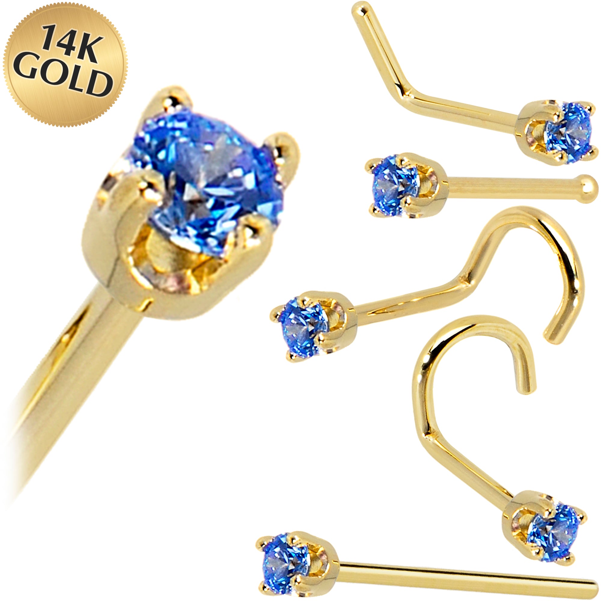 Solid 14KT Yellow Gold Nose Ring with 2mm Arctic Blue Cubic Zirconia