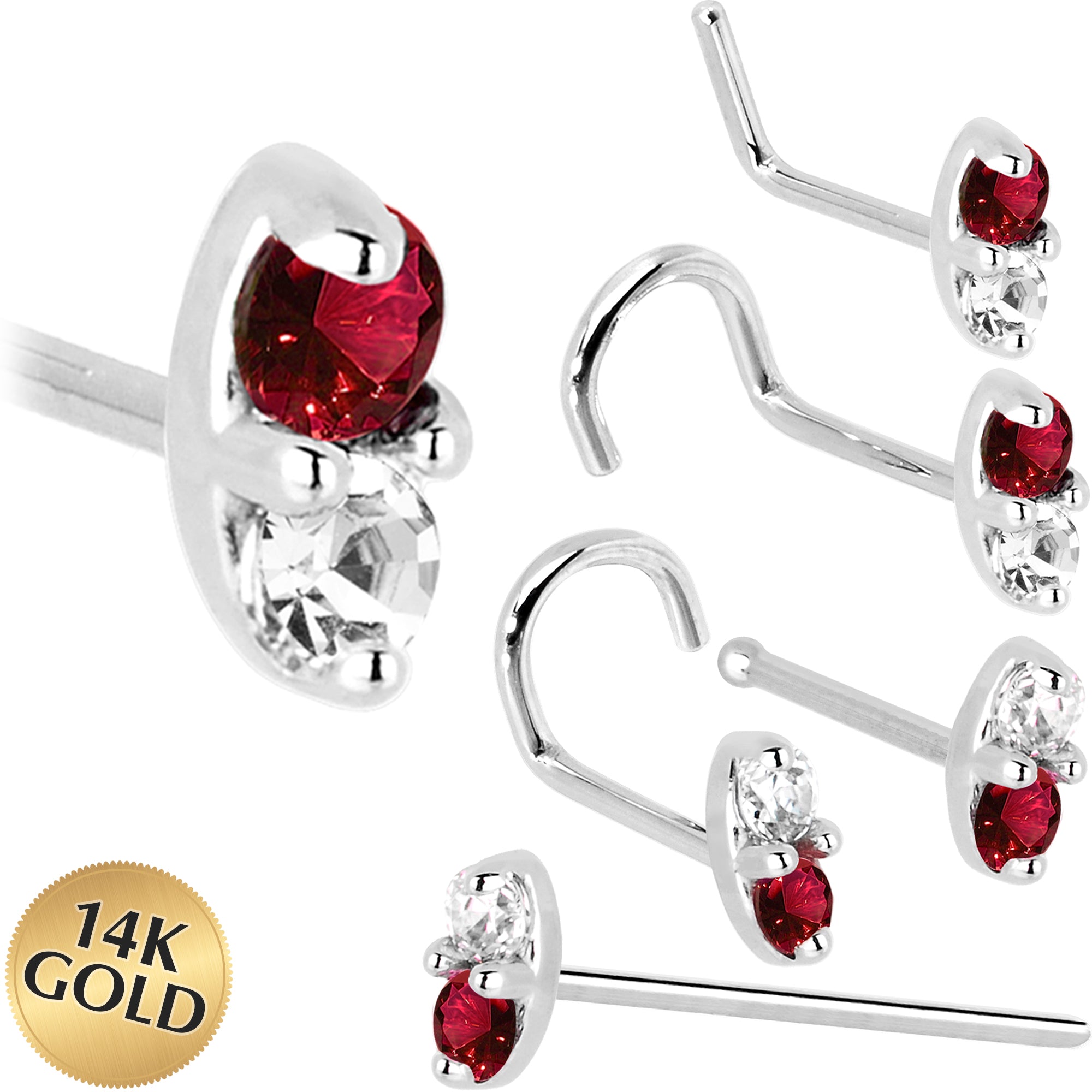 14kt White Gold Red CZ Marquise Nose Ring 1.5mm