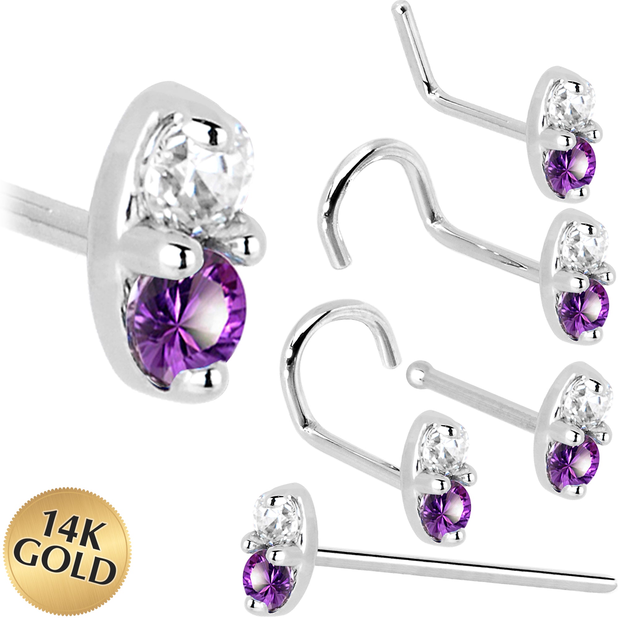 14kt White Gold Amethyst Marquise Nose Ring with CZ