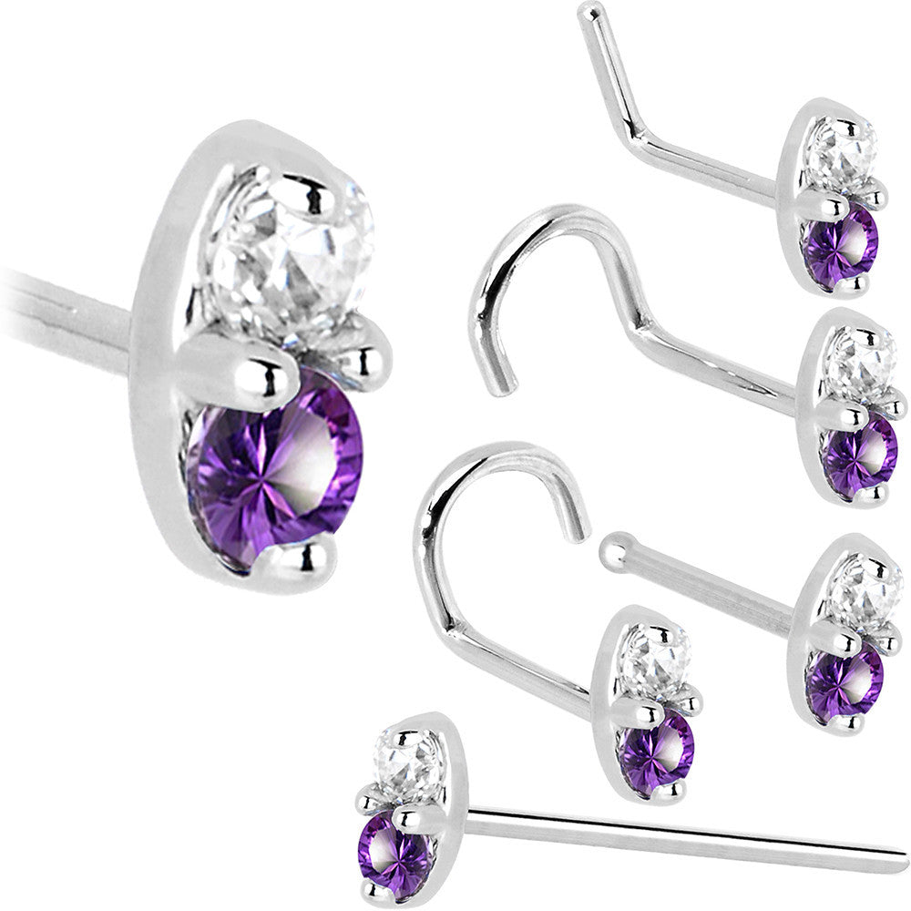 14k White Gold Amethyst 1.5mm CZ Marquise Nose Ring