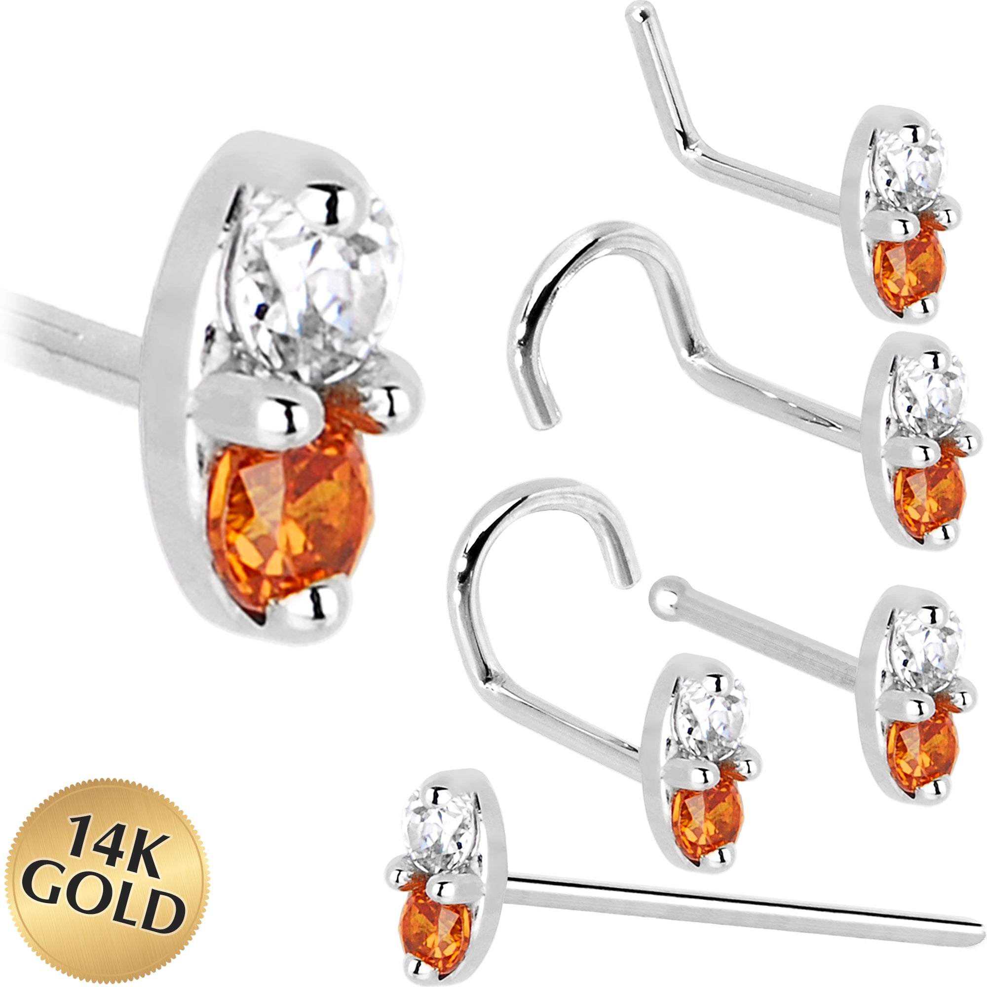14kt White Gold Marquise Nose Ring with 1.5mm Orange CZ