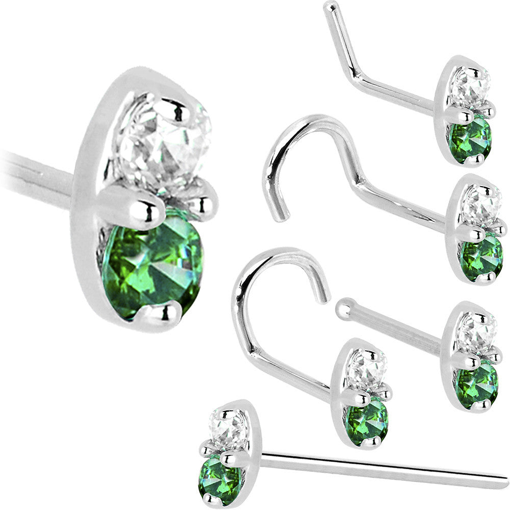 14k White Gold Green 1.5mm CZ Marquise Nose Ring