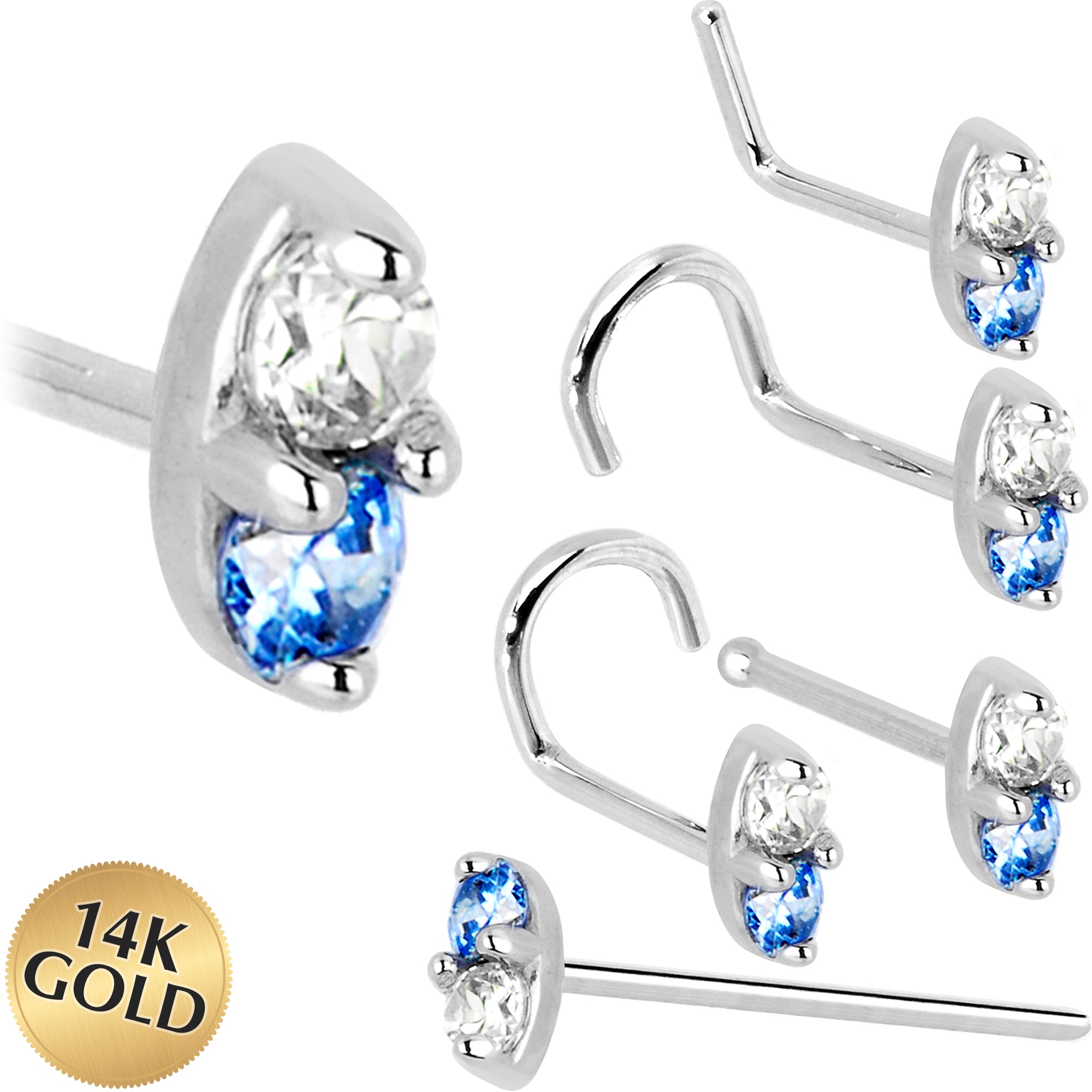 14kt White Gold Arctic Blue 1.5mm CZ Marquise Nose Ring Nose Bone