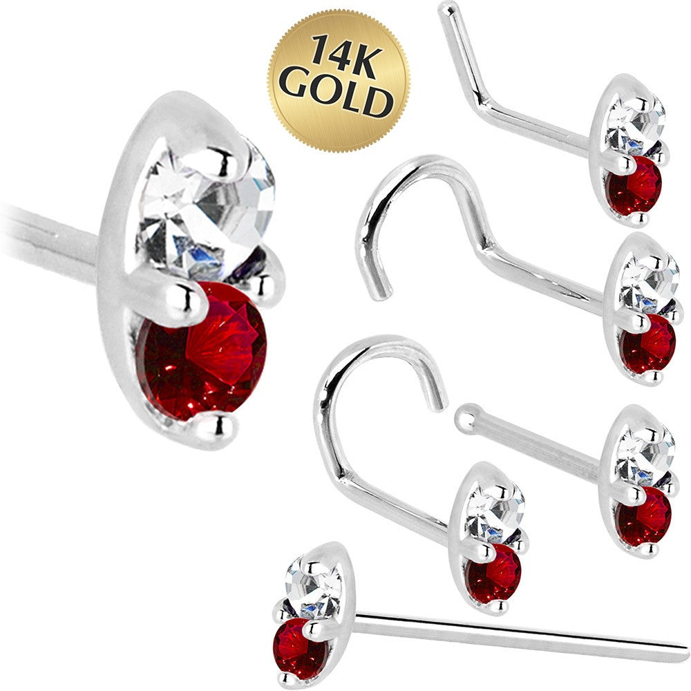 14kt White Gold 1.5mm Genuine Ruby Diamond Marquise Nose Ring 18 Gauge