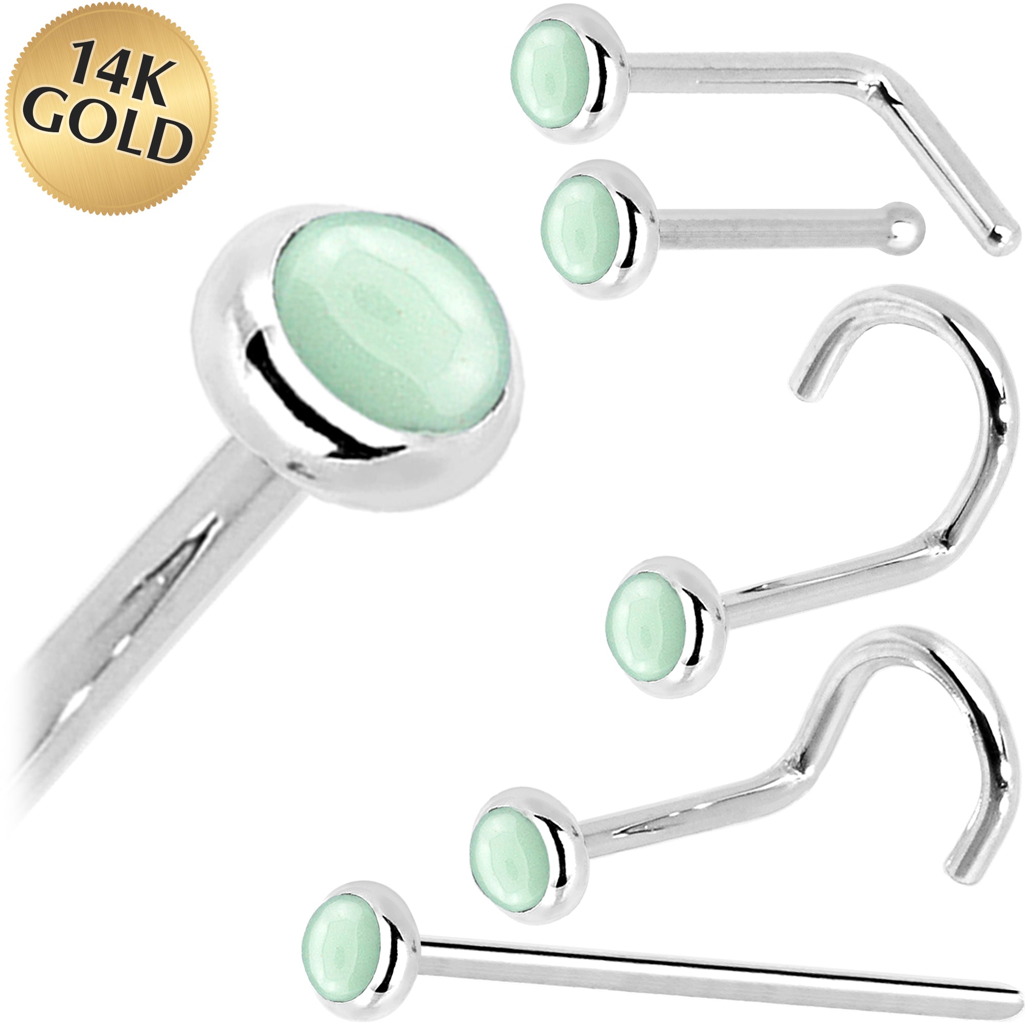 Solid 14KT White Gold 2mm Aventurine Quartz Nose Ring Nose Bone 18 Gauge 20 Gauge