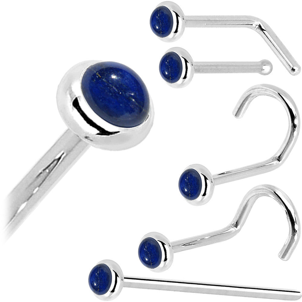 Solid 14K White Gold 2mm Lapis Lazuli Straight Nose Ring