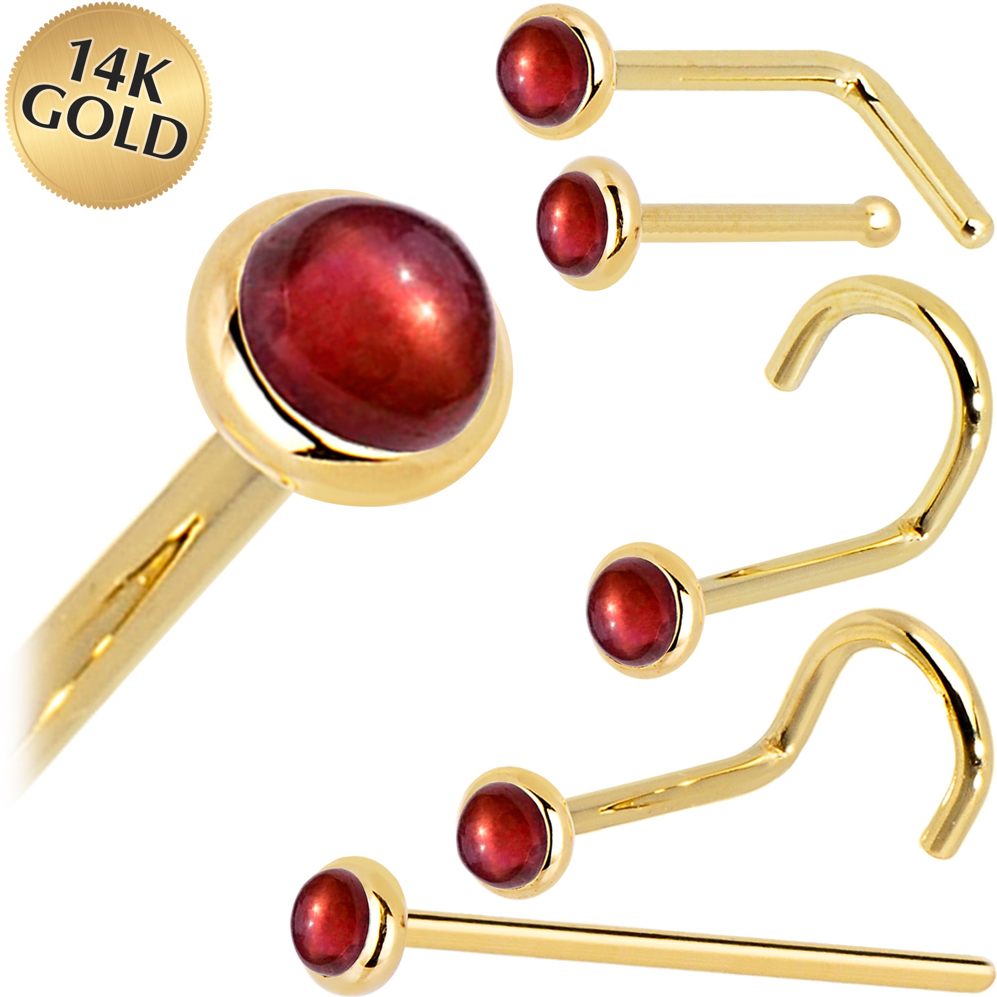 Solid 14KT Yellow Gold 2mm Red Garnet Nose Bone