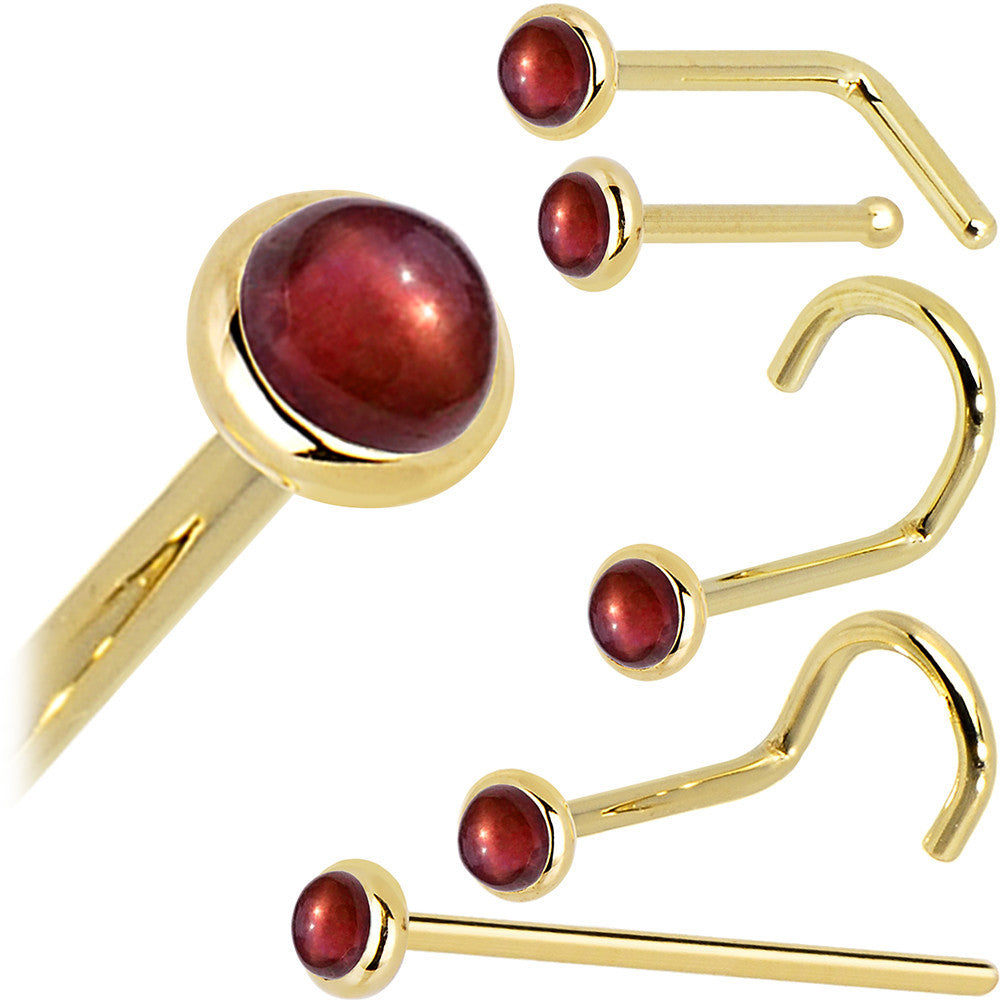 Solid 14K Yellow Gold 2mm Red Garnet Nose Ring