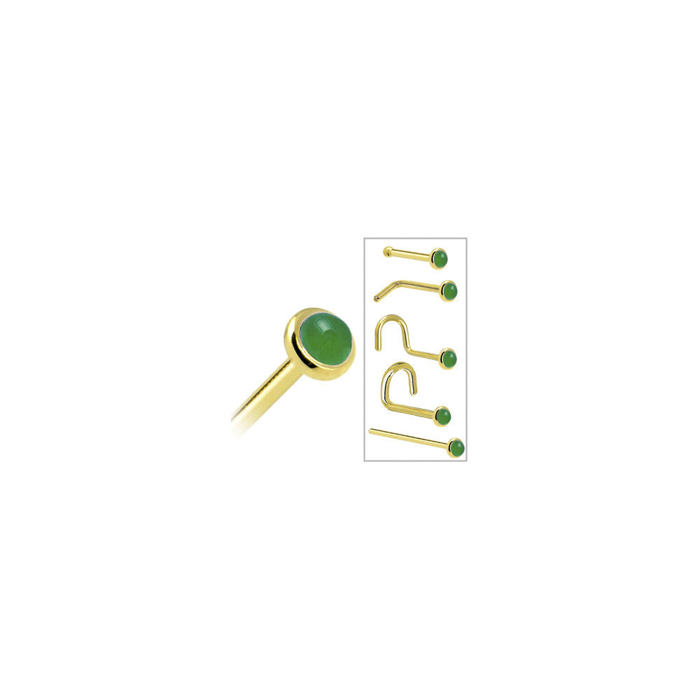1. 14KT Yellow Gold Jade Nose Ring 18 gauge L-shape style