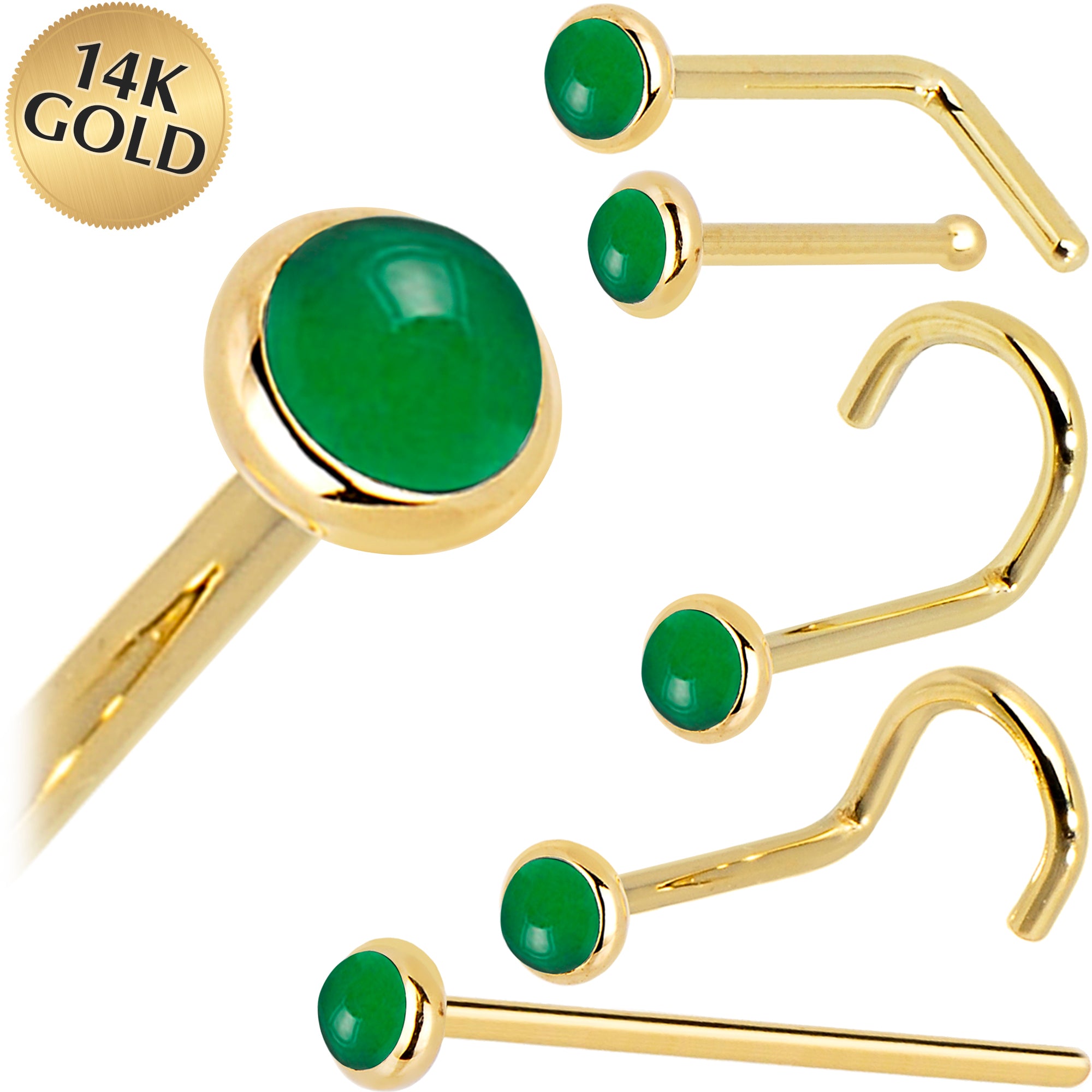 Solid 14KT Yellow Gold 2mm Jade Nose Ring 18 gauge nose bone