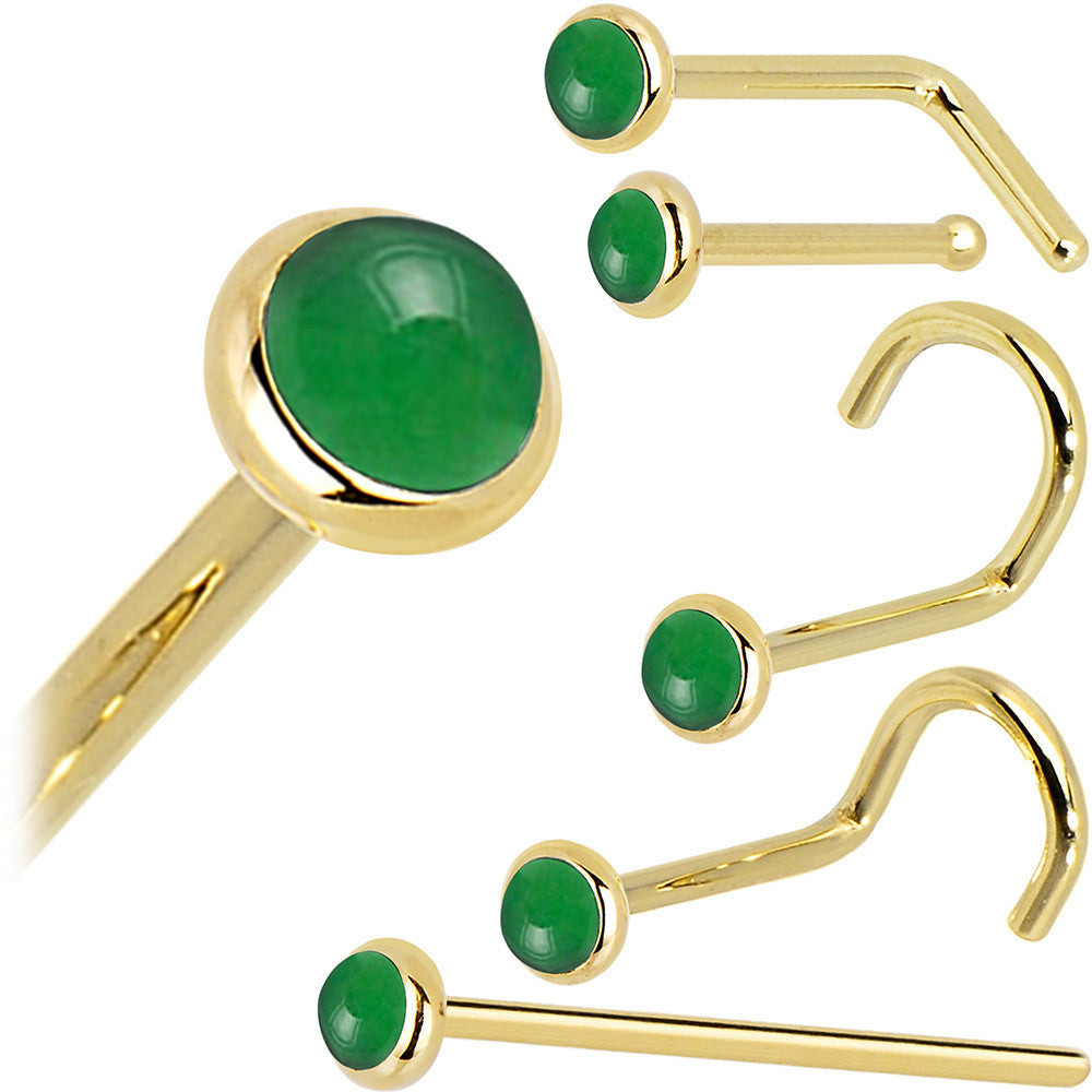 Solid 14K Yellow Gold 2mm Jade Nose Ring
