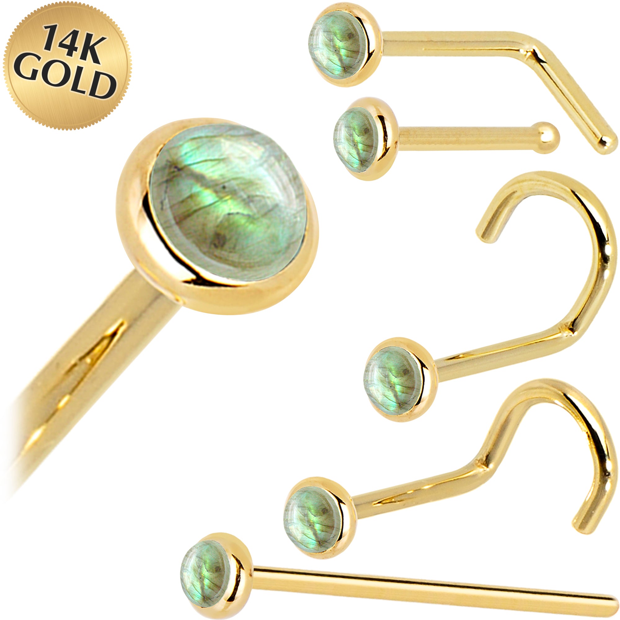 Solid 14kt Yellow Gold 2mm Labradorite Nose Ring Piercing, 18 Gauge Left Nose - 14kt Gold - Body Candy